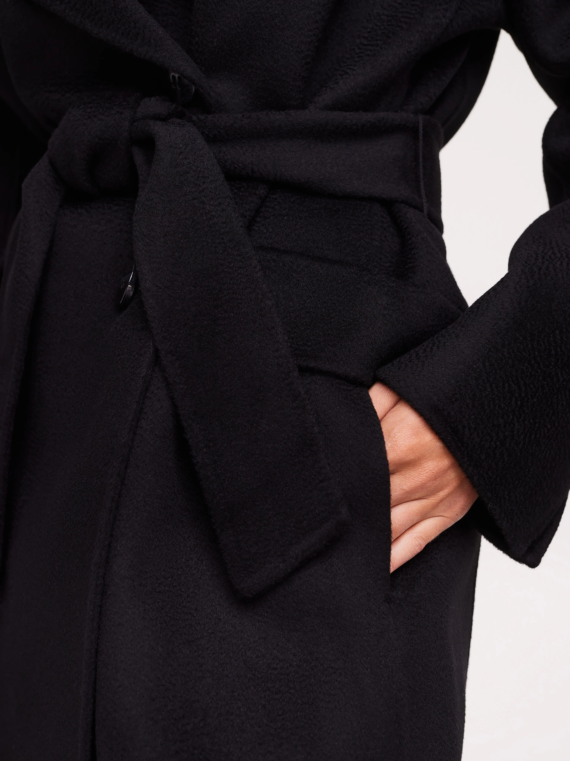 Wool black coat with a robe cut