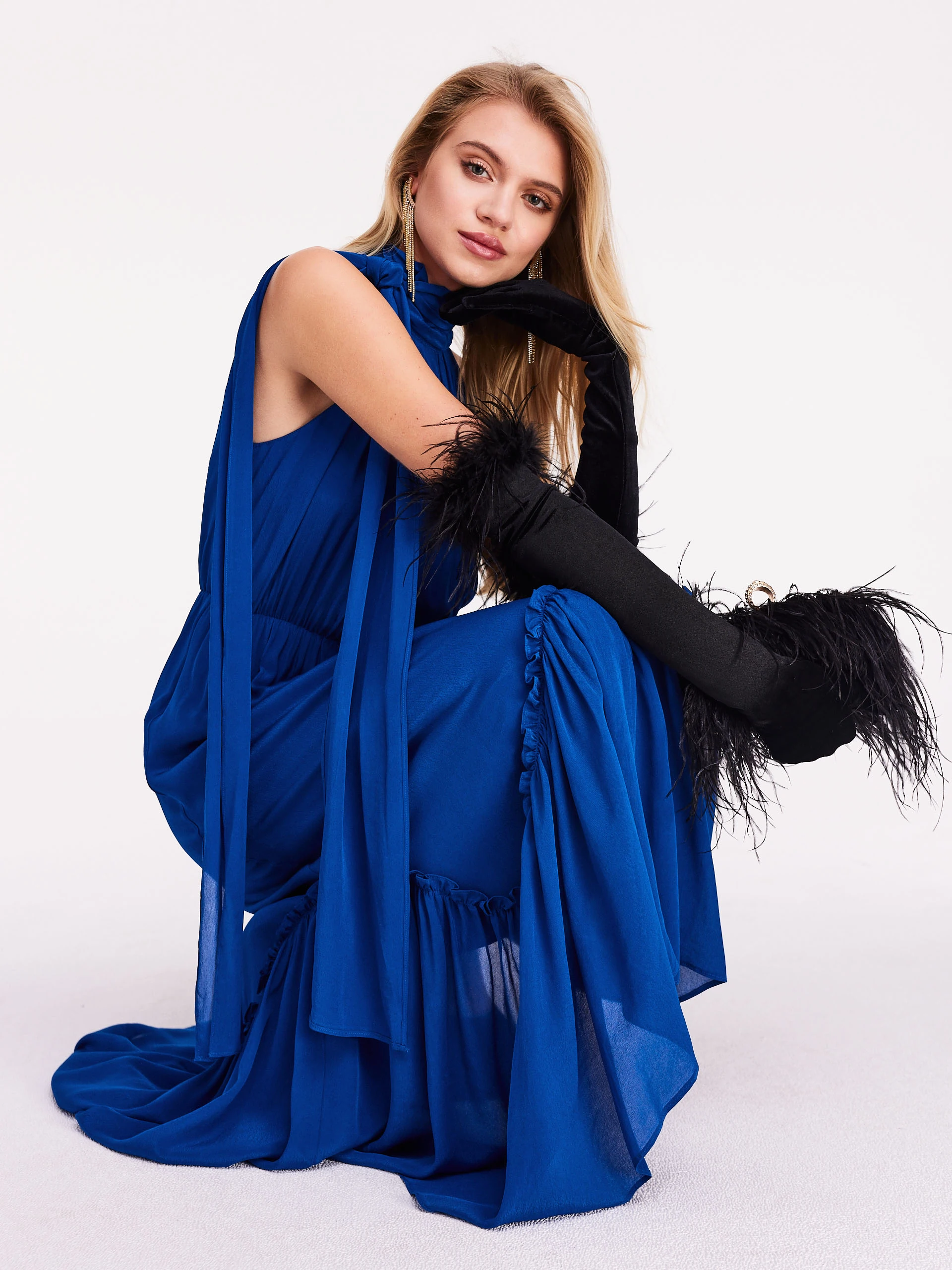 Long cornflower dress with halter neckline