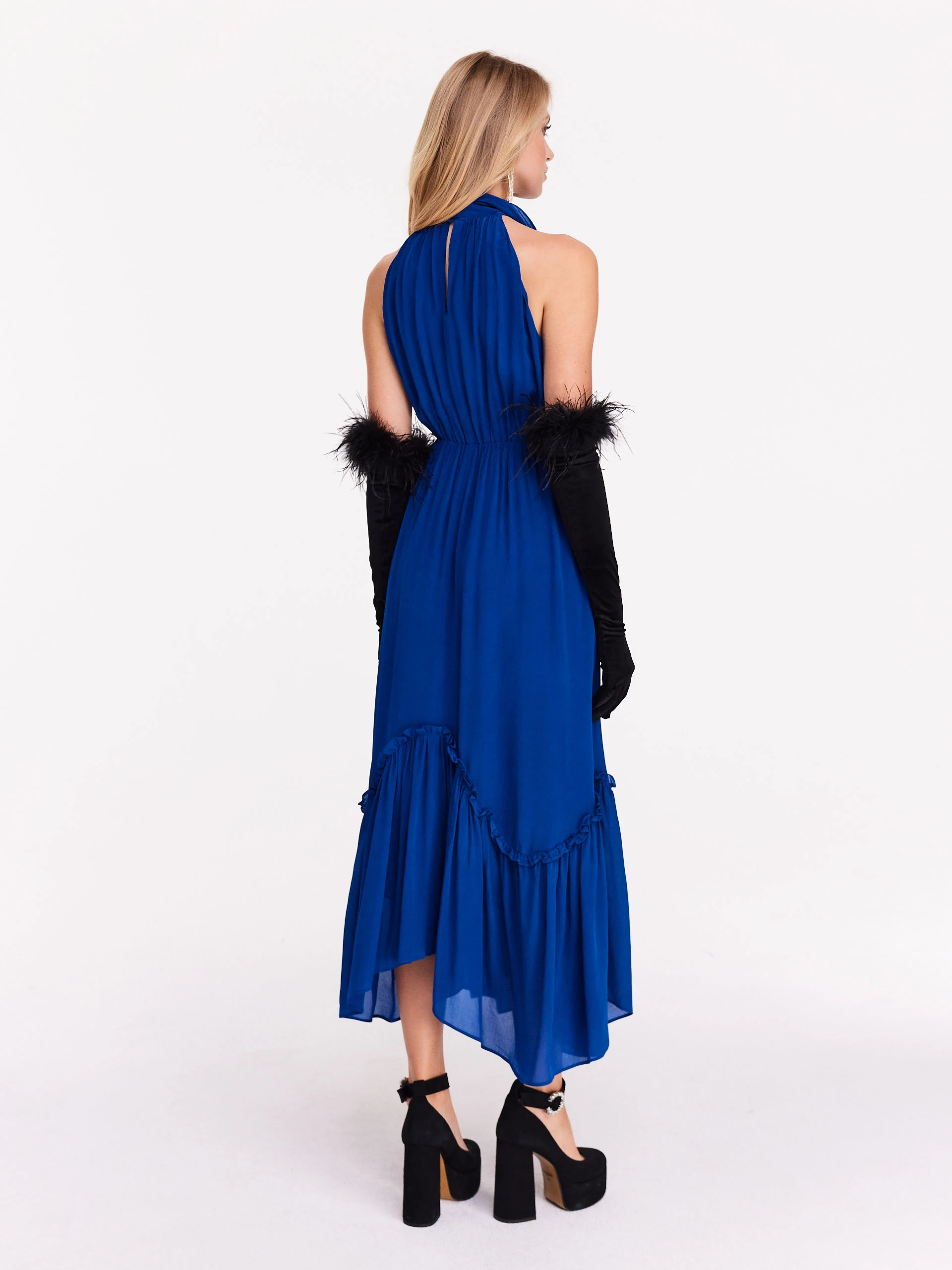 Long cornflower dress with halter neckline