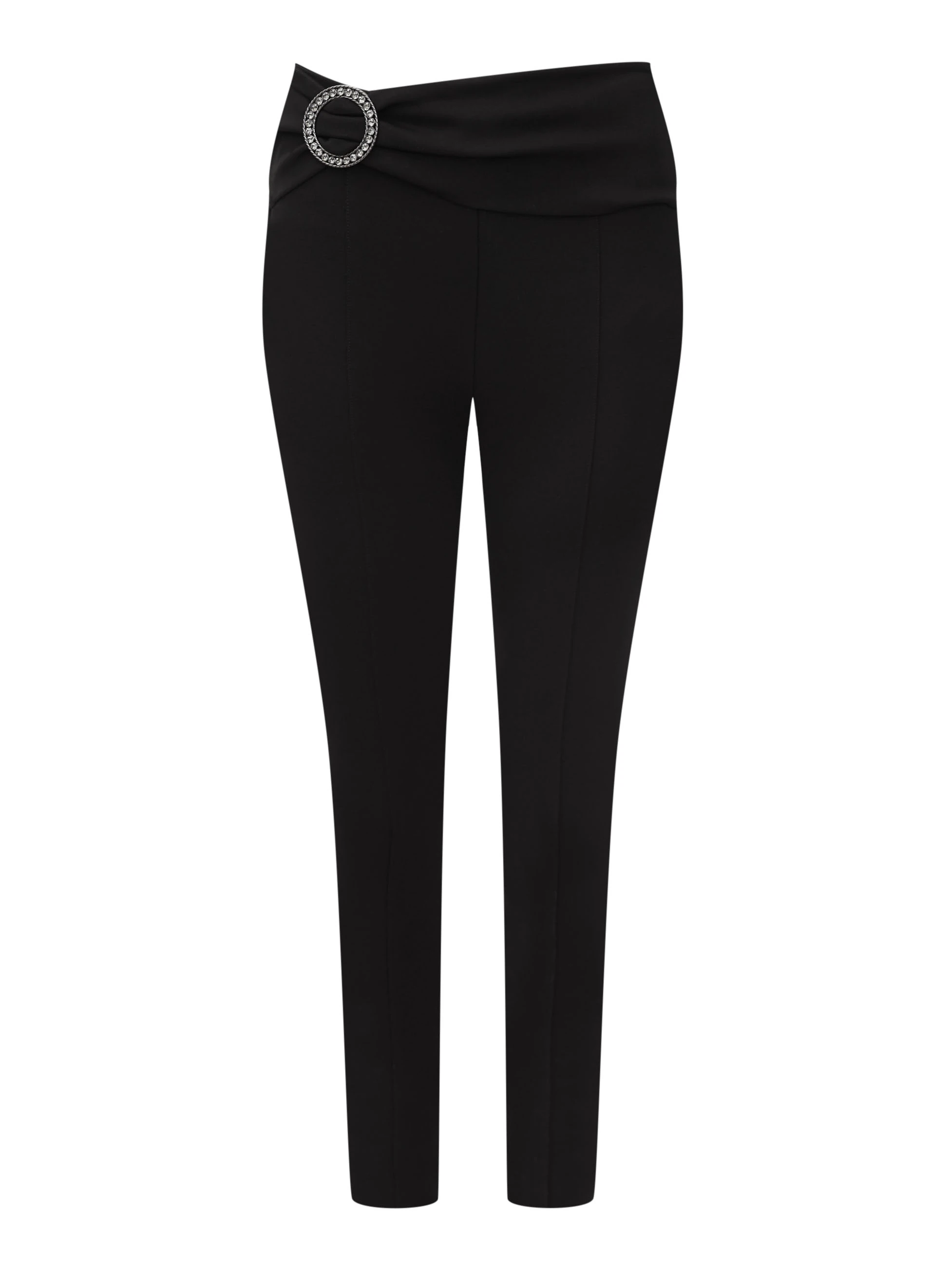 Black high-waisted pants with a clutch