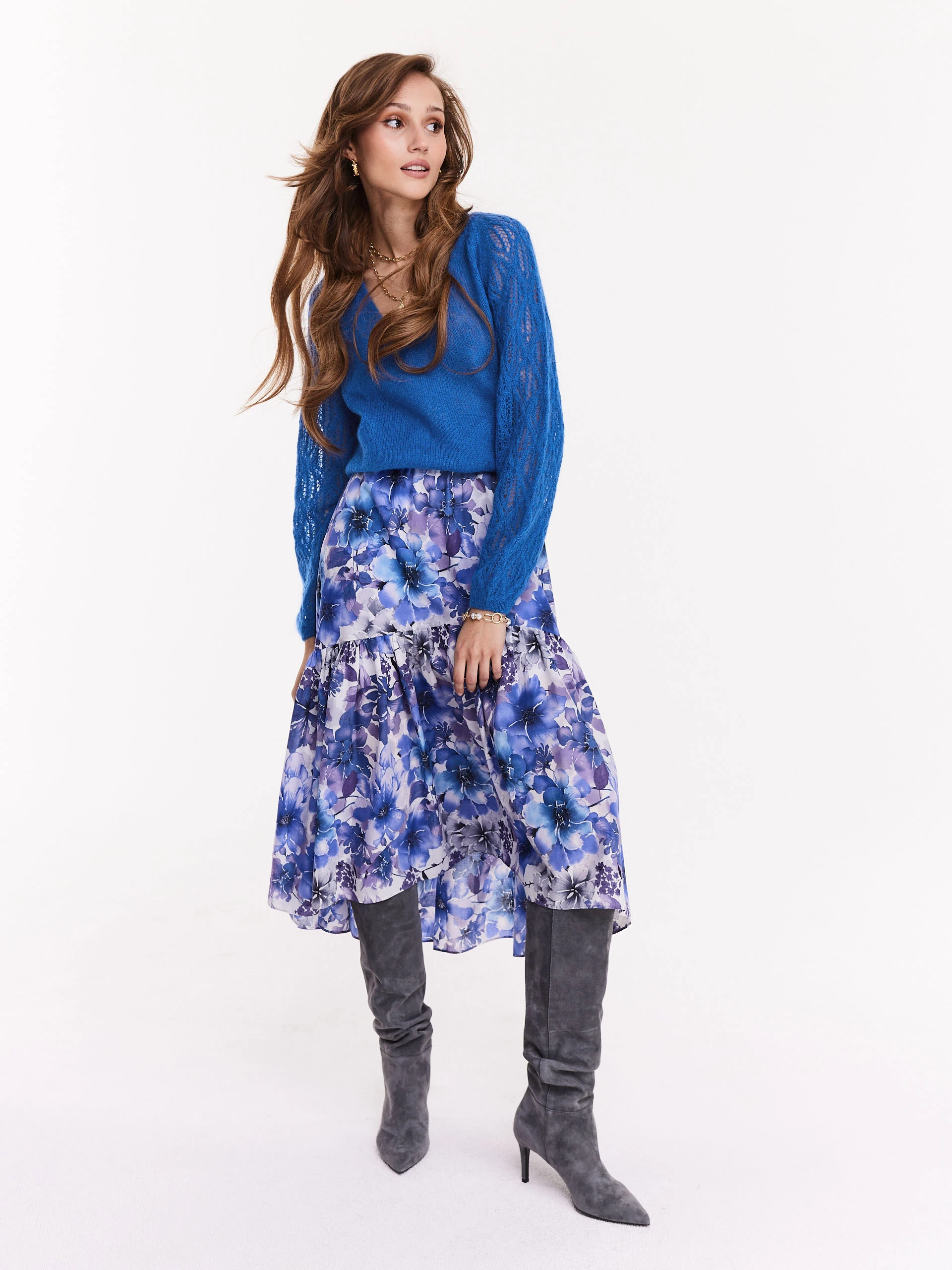 High-waisted floral blown-out skirt