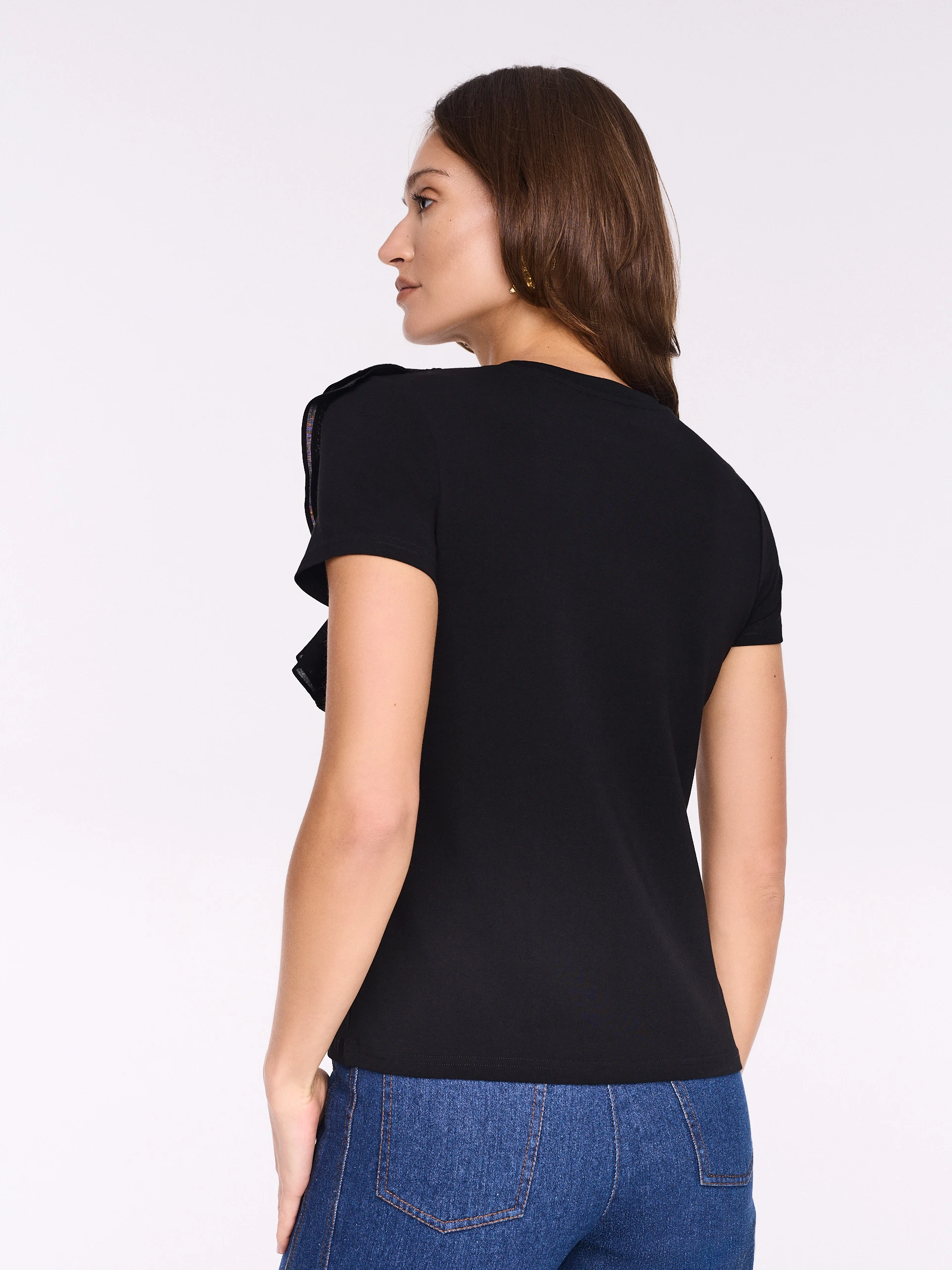 Black cotton blouse with decorative frill