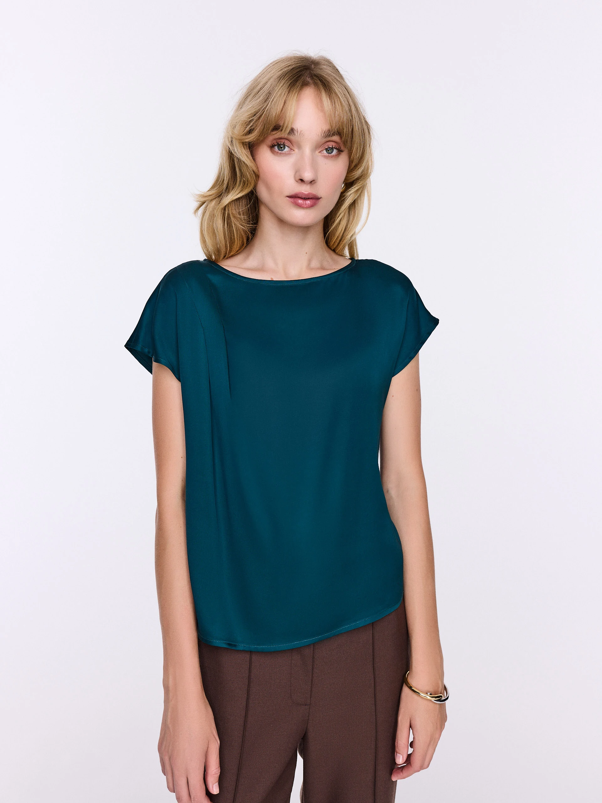 Navy satin blouse with short sleeves