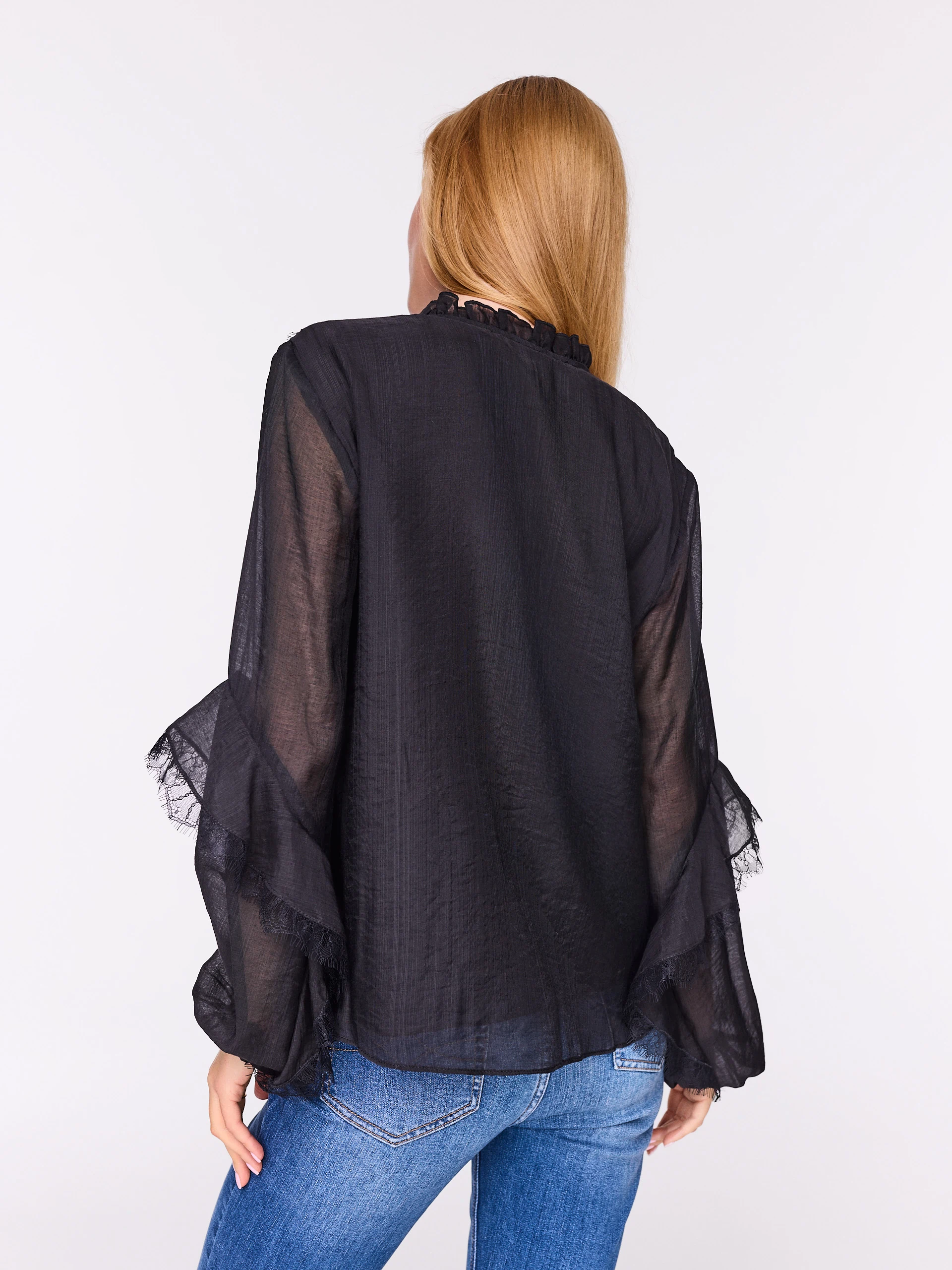 Black rayon blouse with lace embellishments