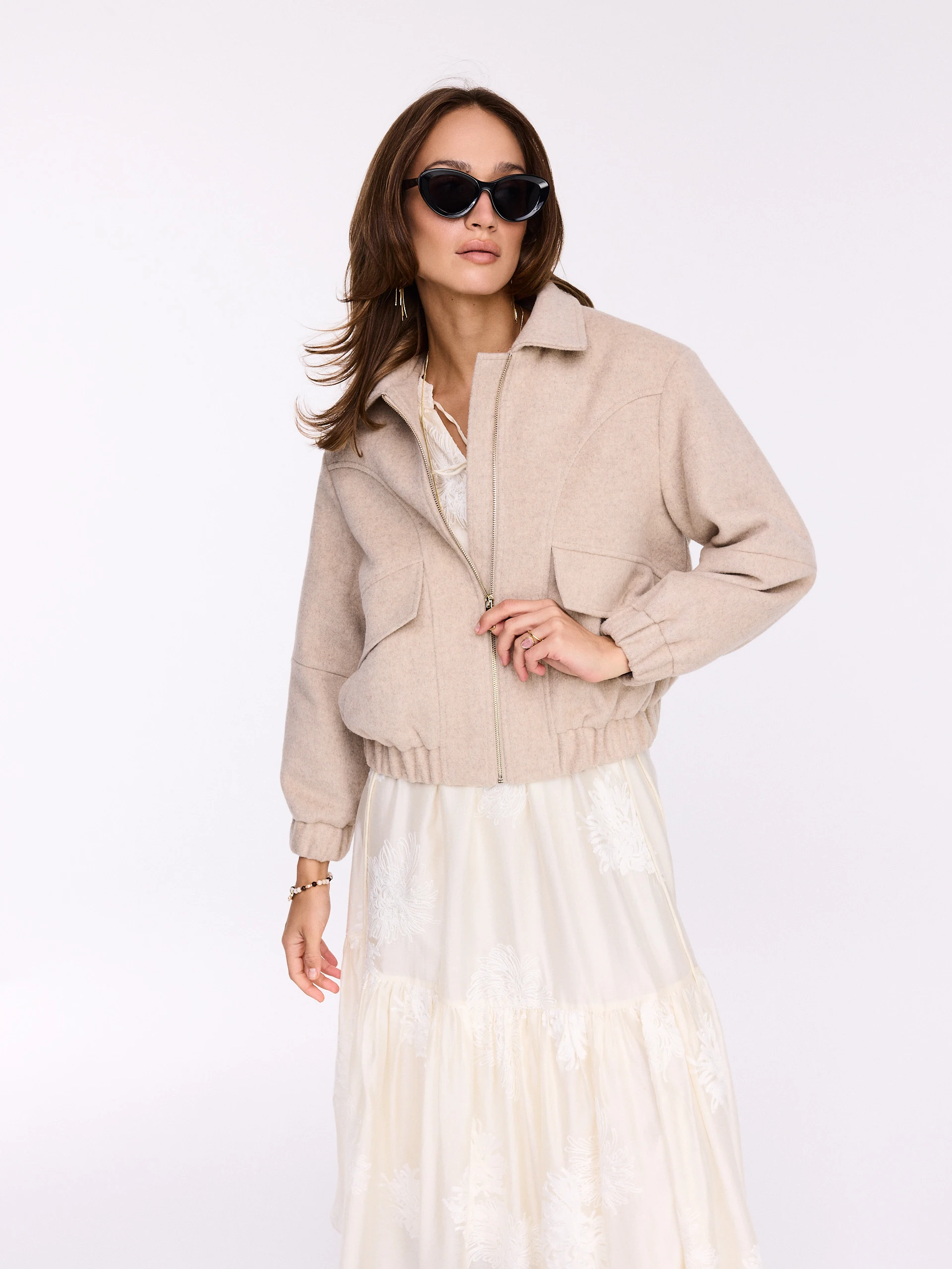Beige bomber jacket with wool