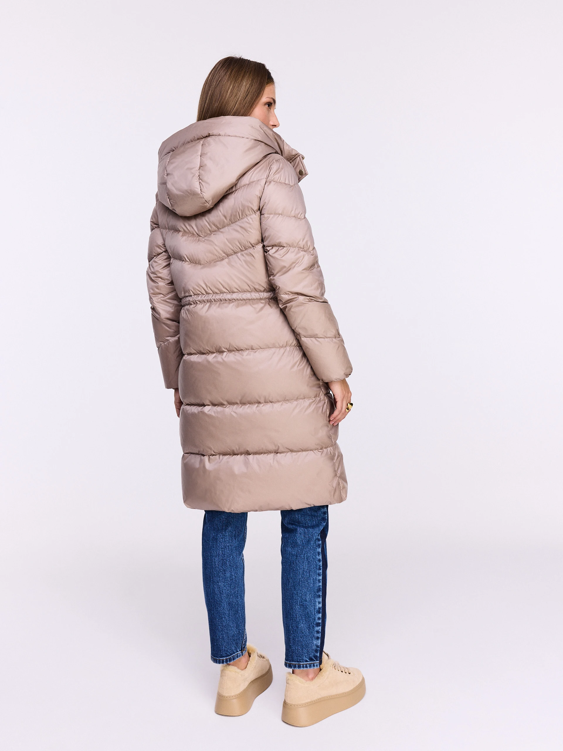 Warm beige coat with a tie at the waist