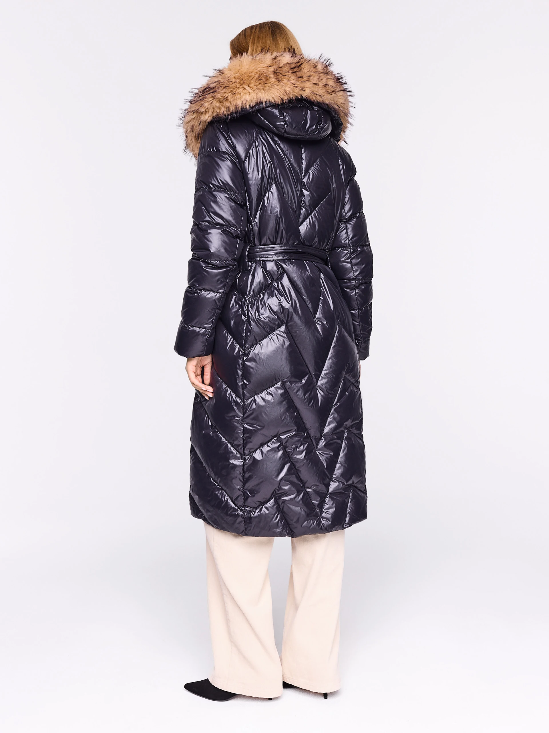 Long down coat with hood in black