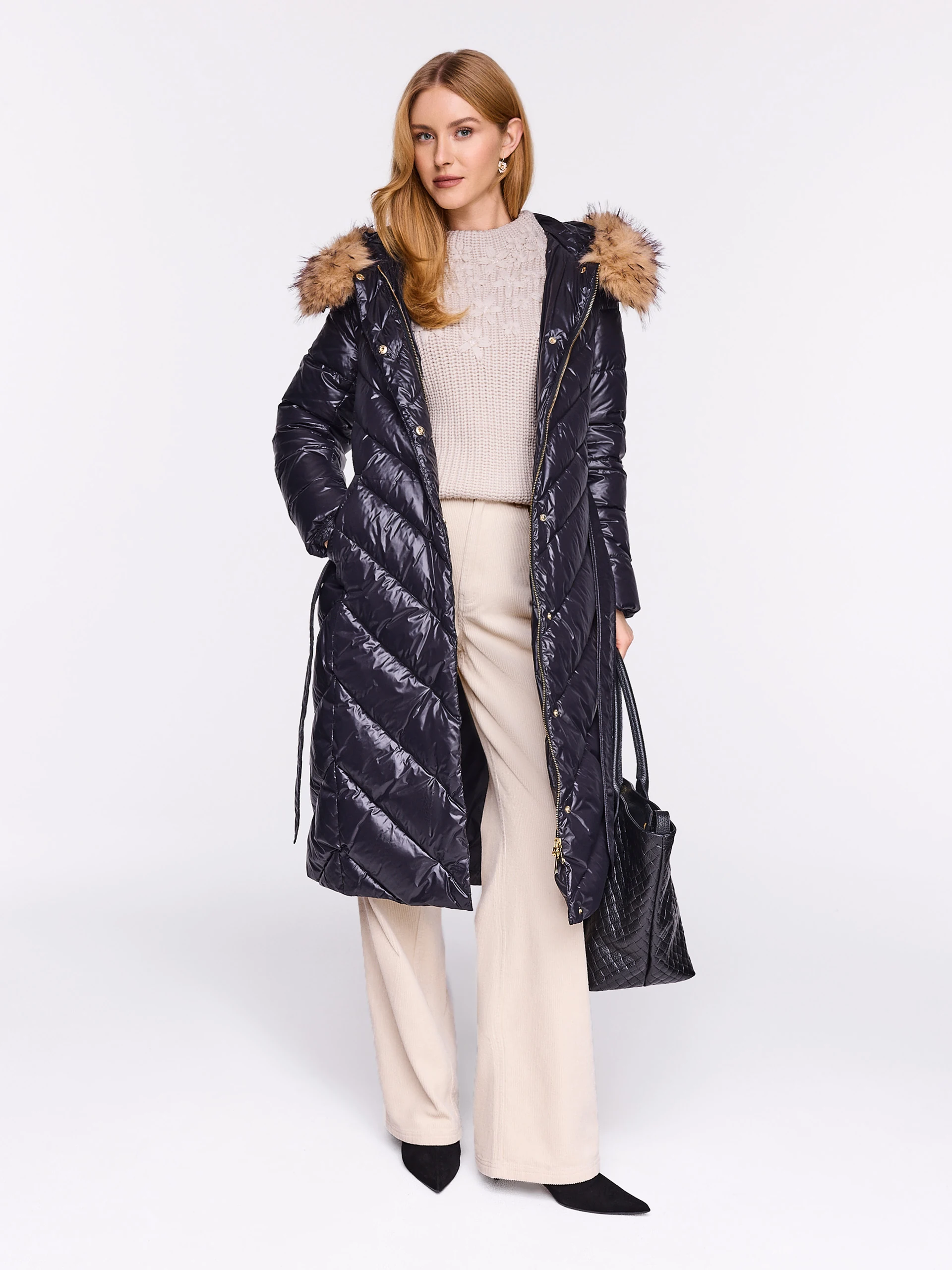 Long down coat with hood in black