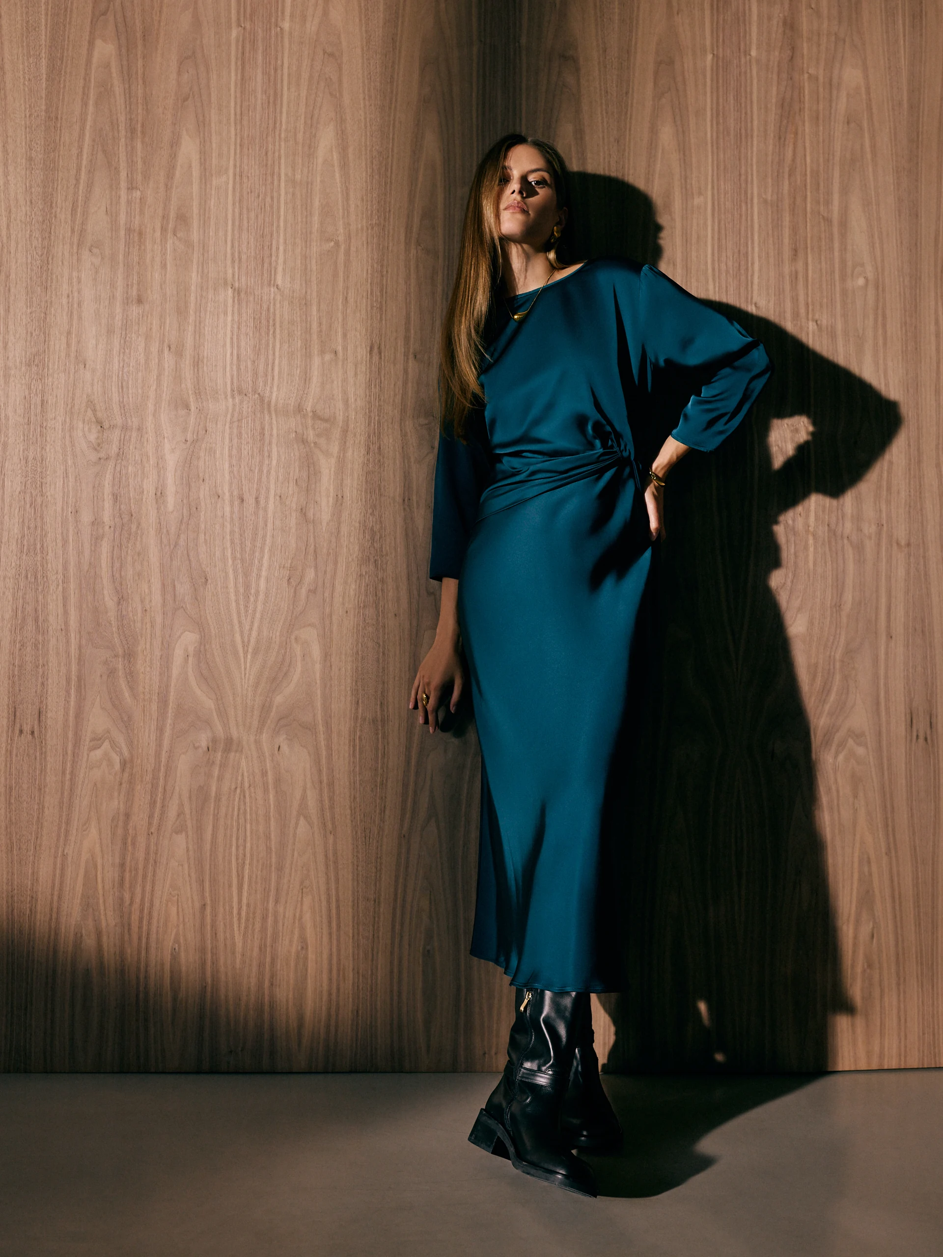 Satin midi dress in sea blue