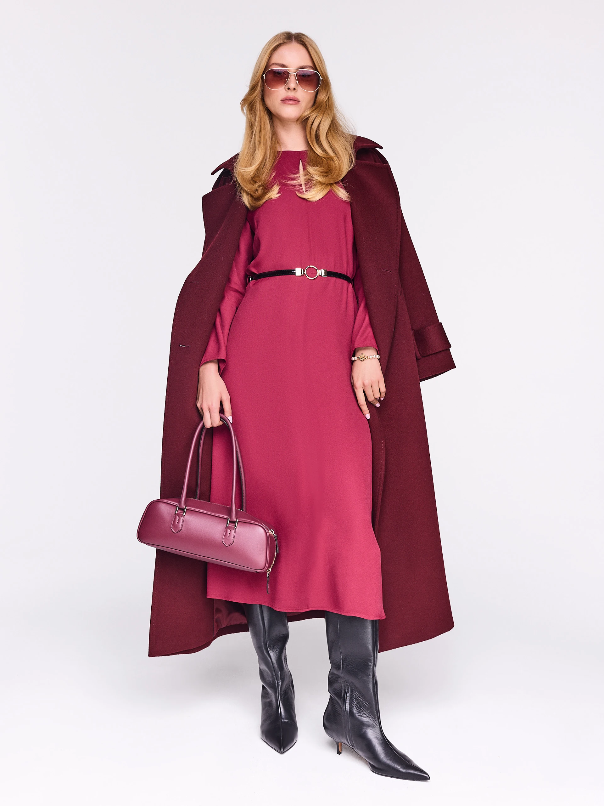 Burgundy flared midi dress with belt