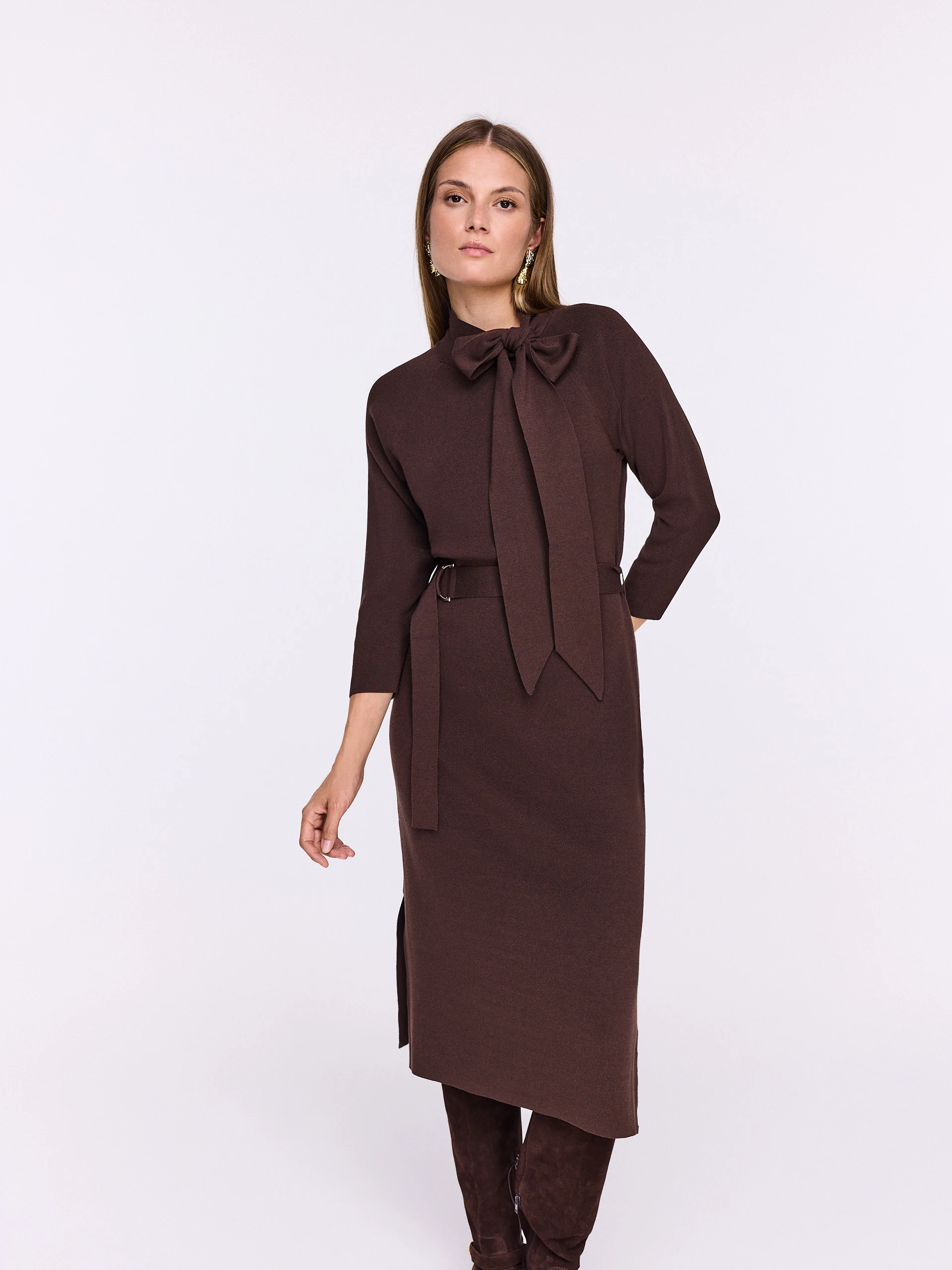 Chocolate knit dress with a tie at the neckline