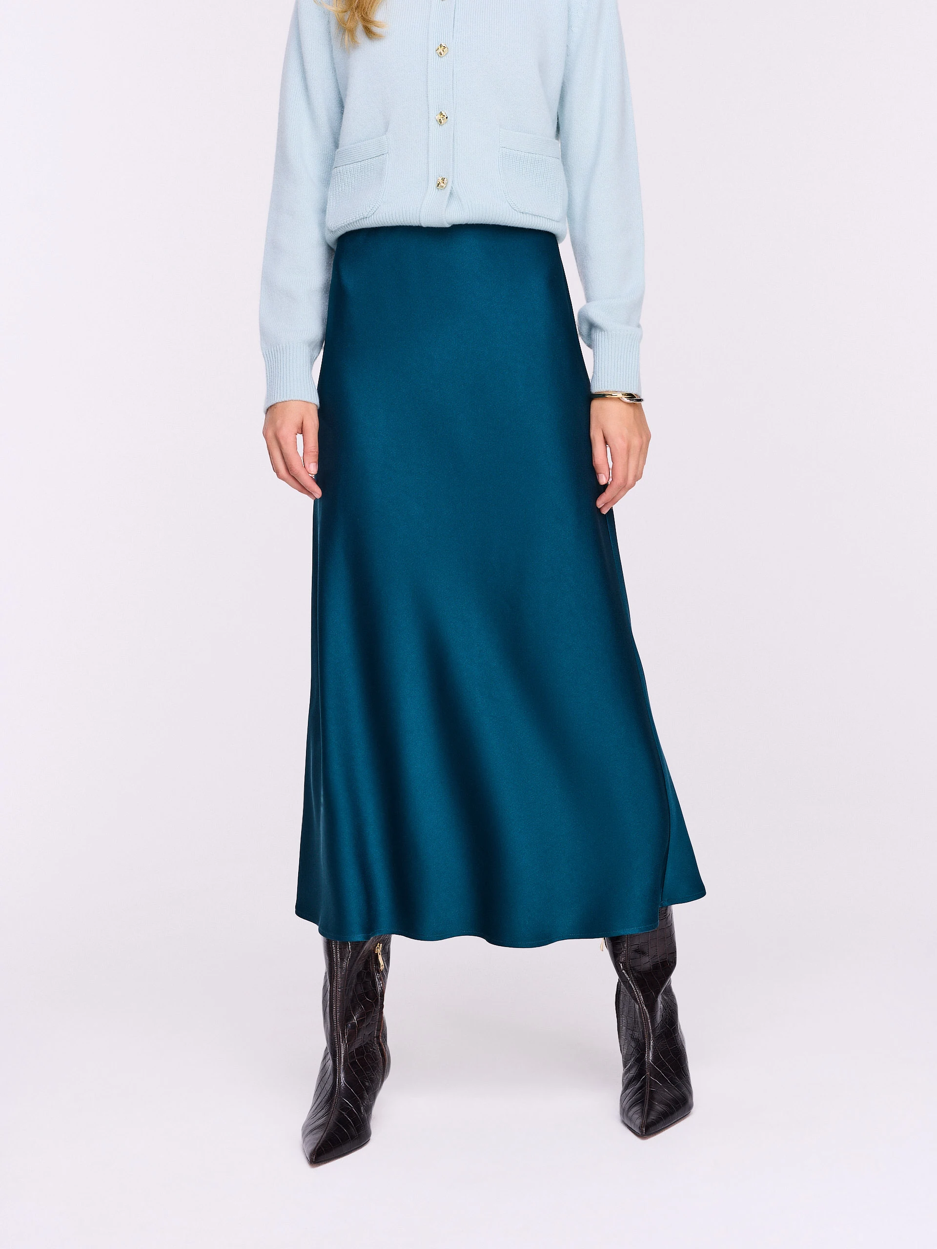 High-waisted acetate midi skirt in navy blue