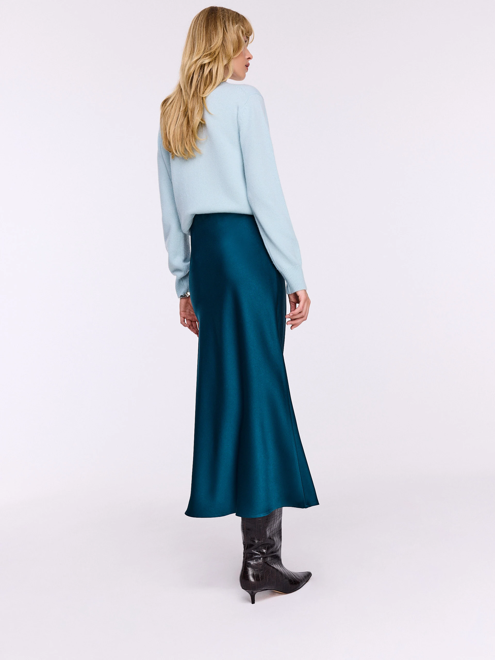High-waisted acetate midi skirt in navy blue