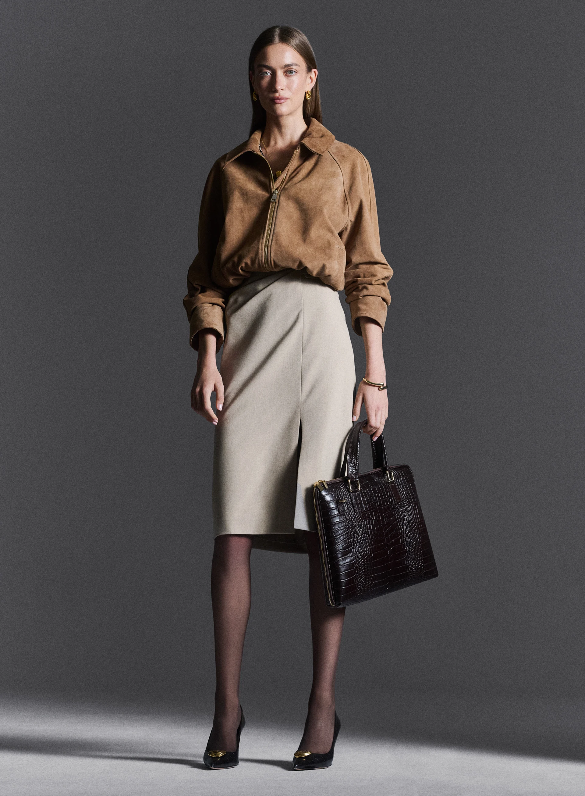 Beige high-waisted pencil skirt