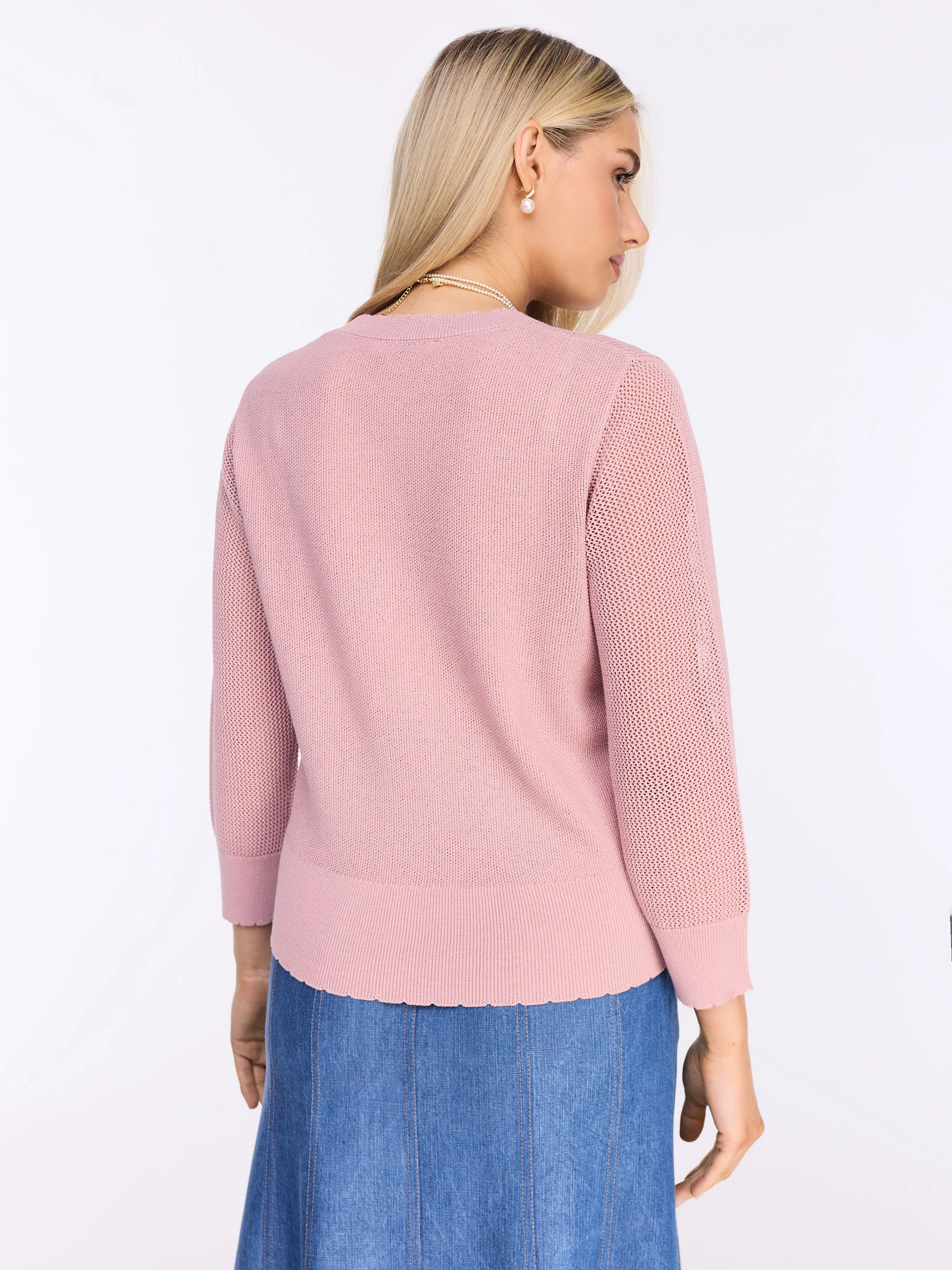 Openwork pink sweater with ⅞ sleeve