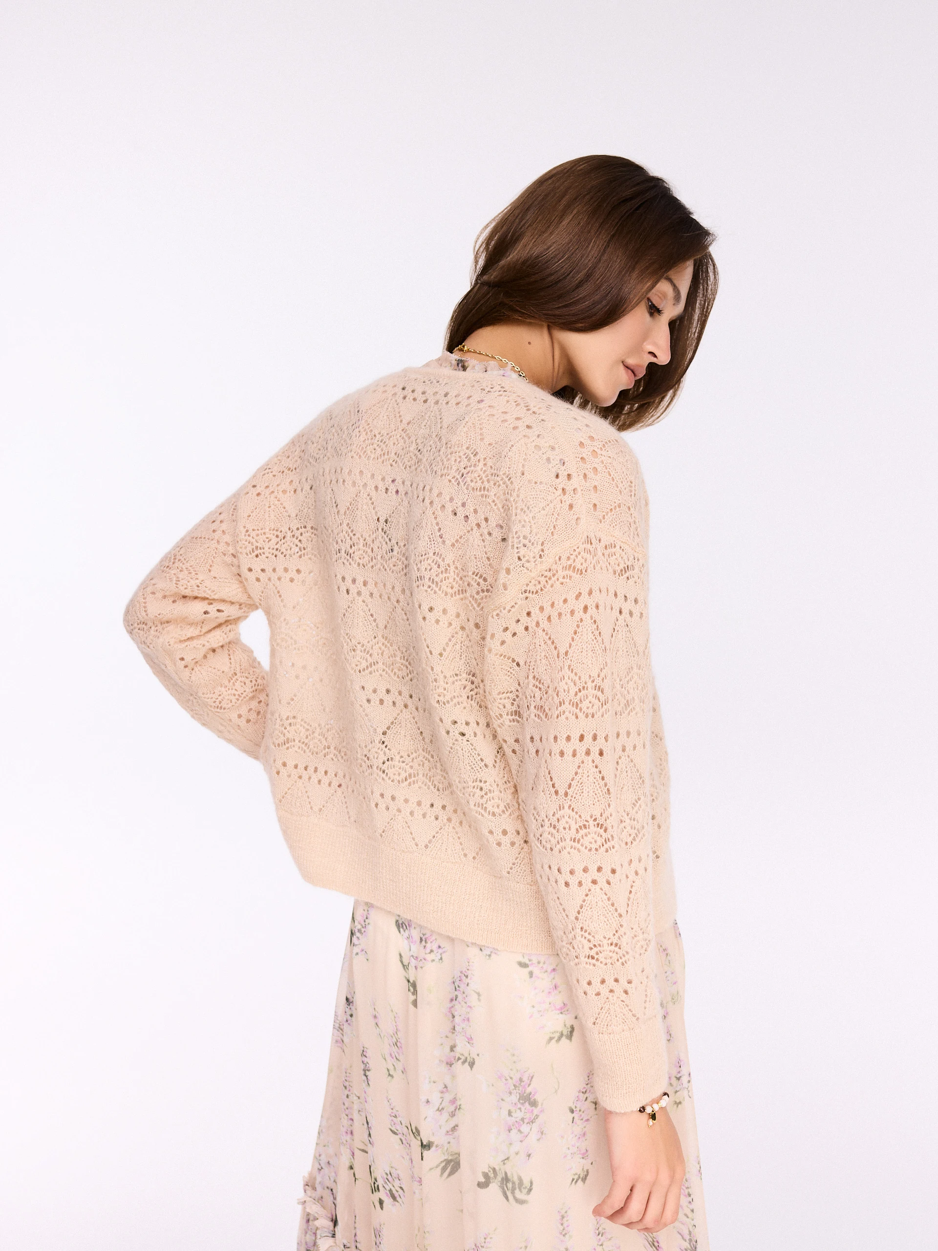 Openwork beige cardigan with wool and mohair