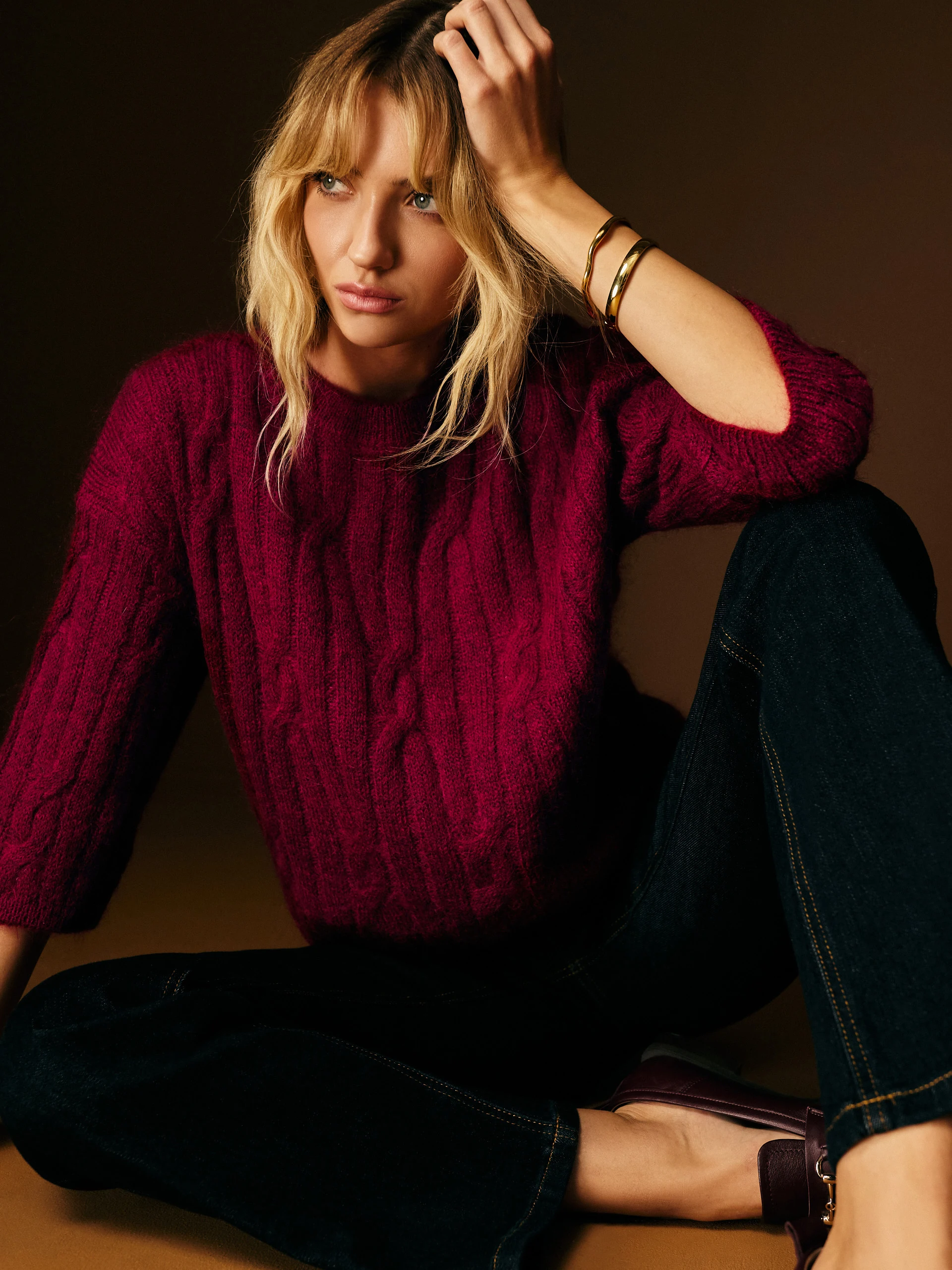 Cable knit burgundy sweater with mohair and wool