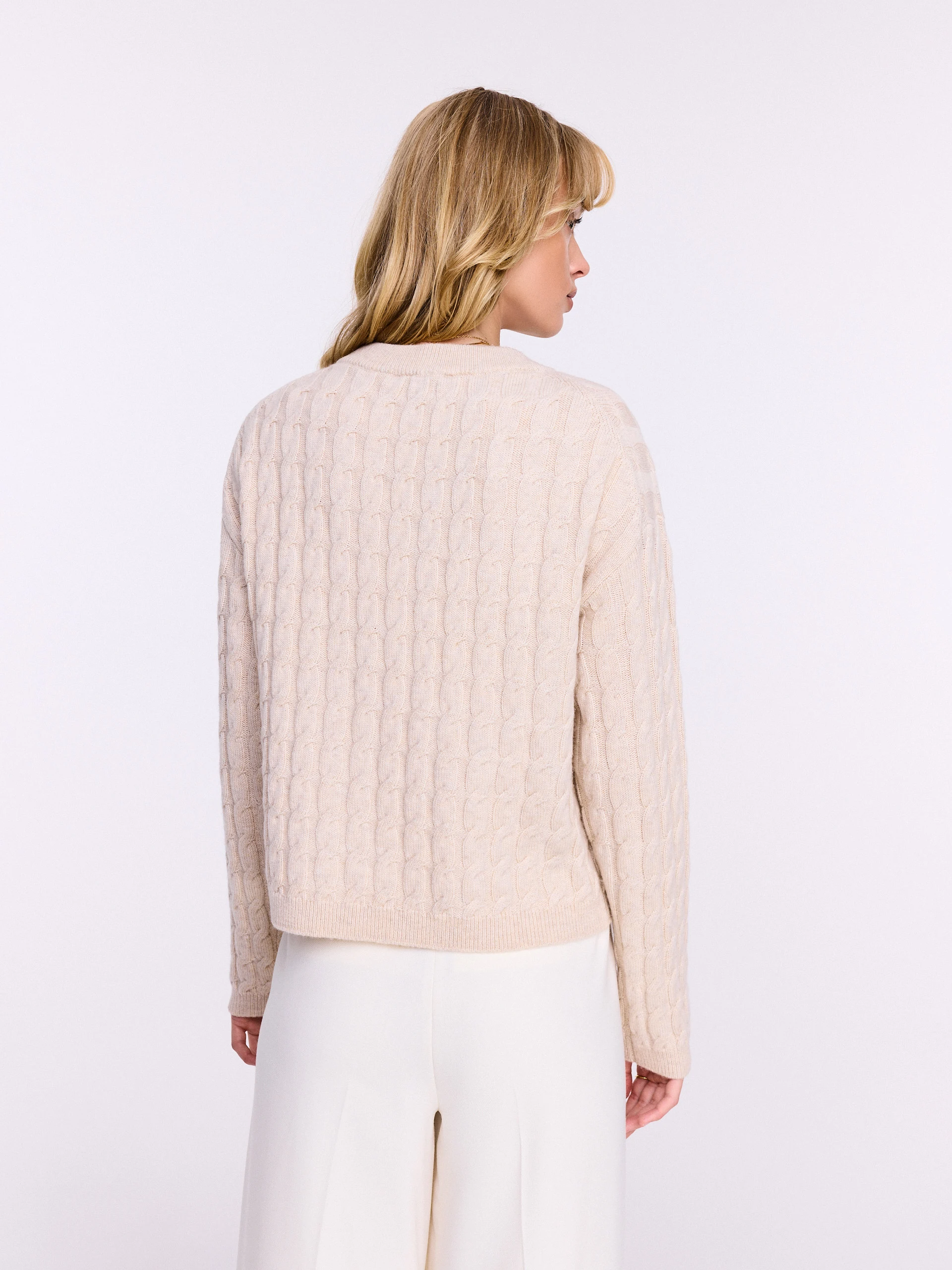 Beige wool sweater with cable knit and cashmere blend