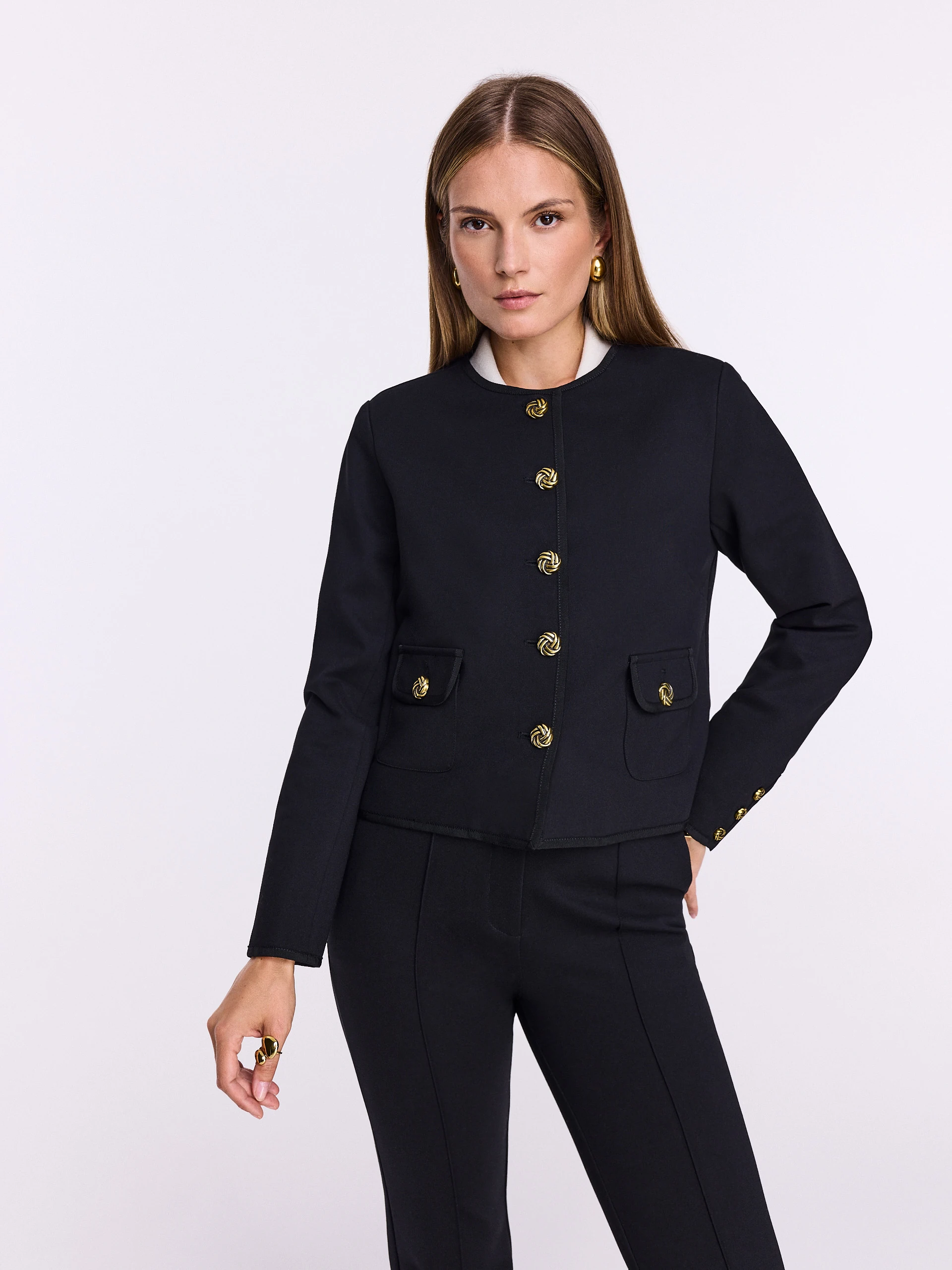 Black boxy jacket with gold buttons