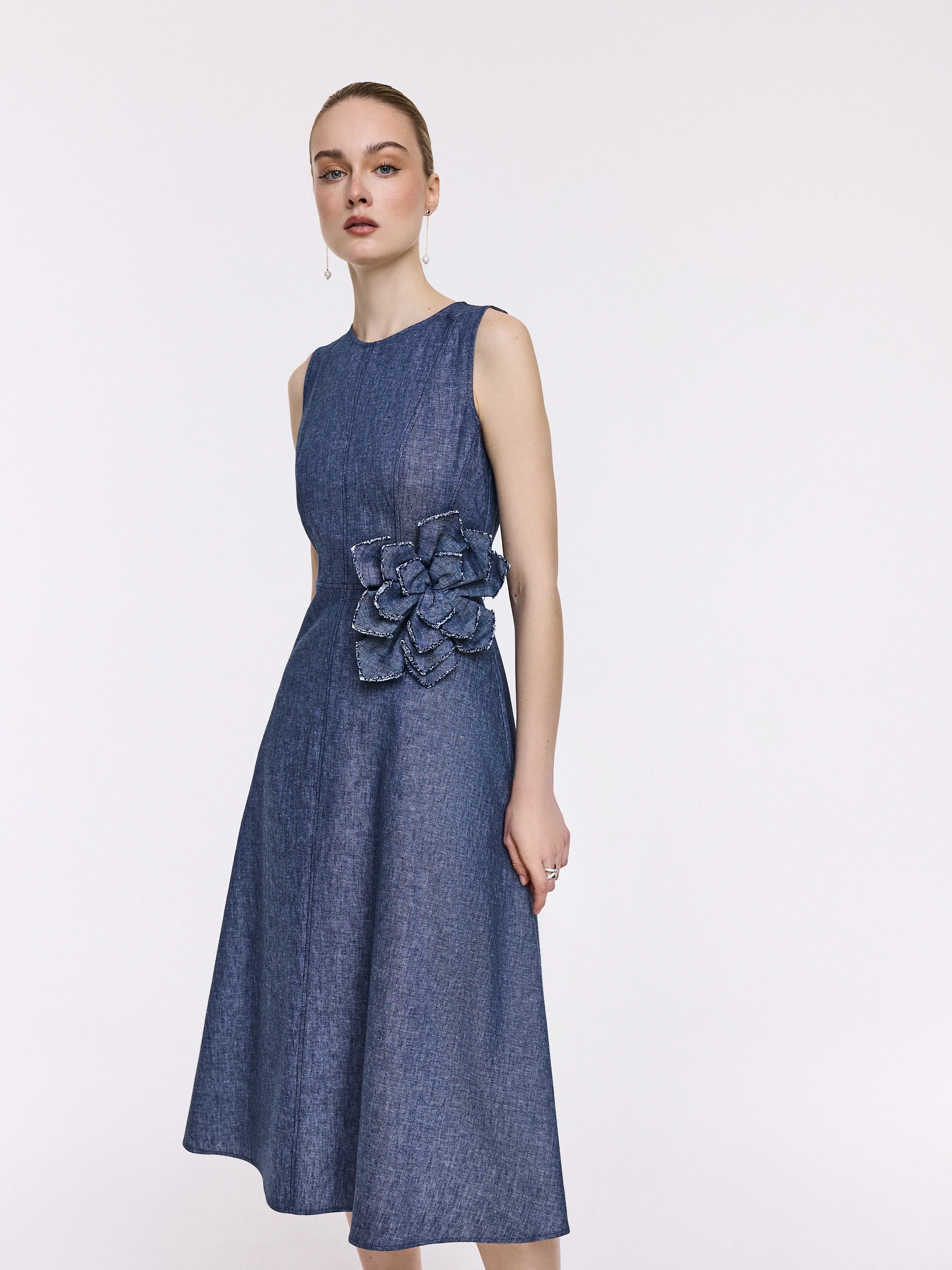 Navy blue midi dress made of linen and cotton