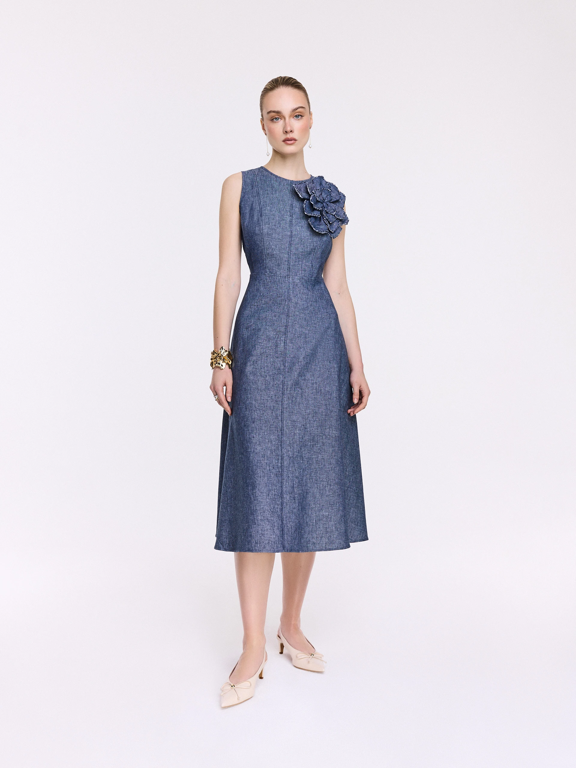 Navy blue midi dress made of linen and cotton