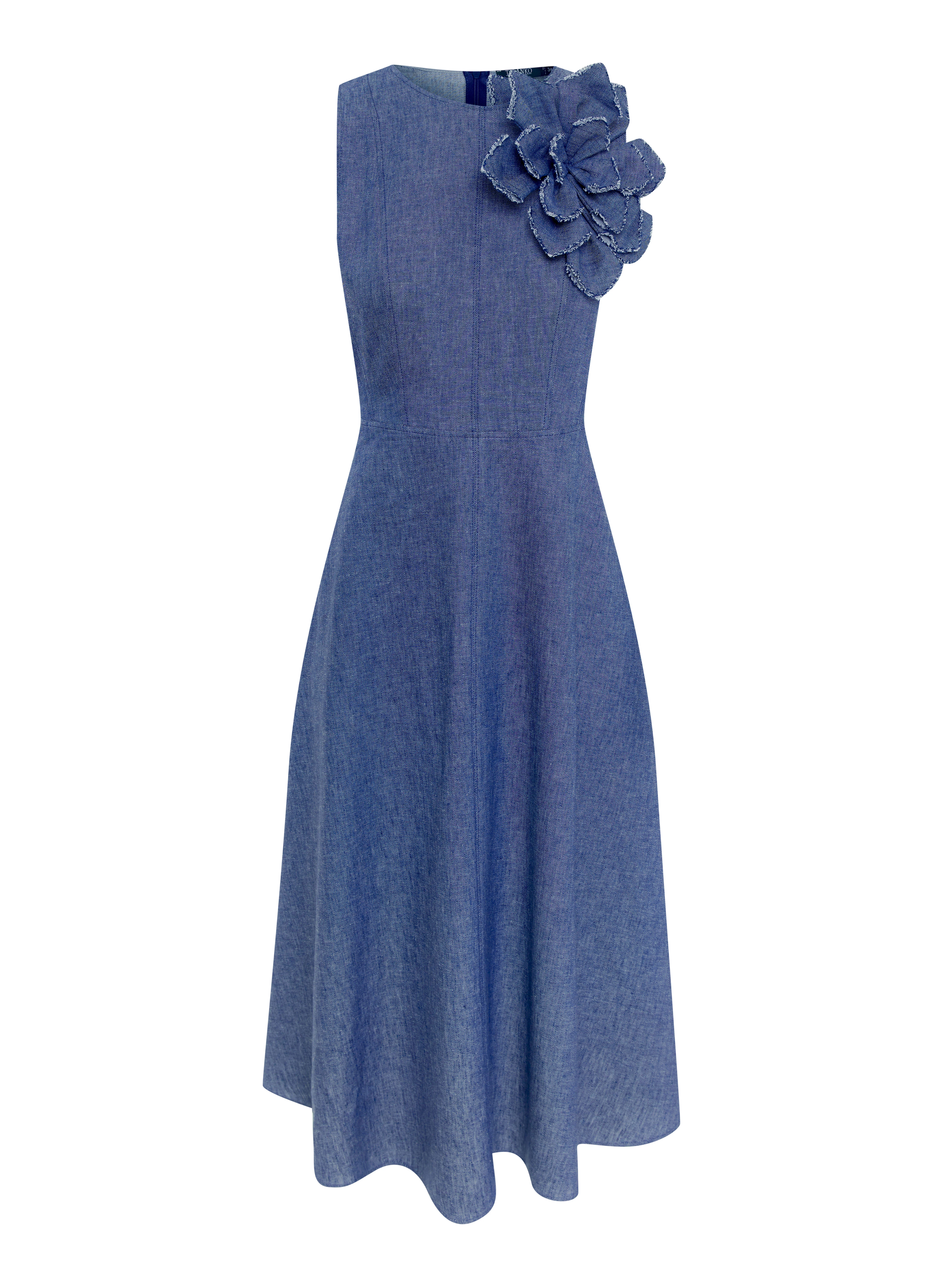 Navy blue midi dress made of linen and cotton