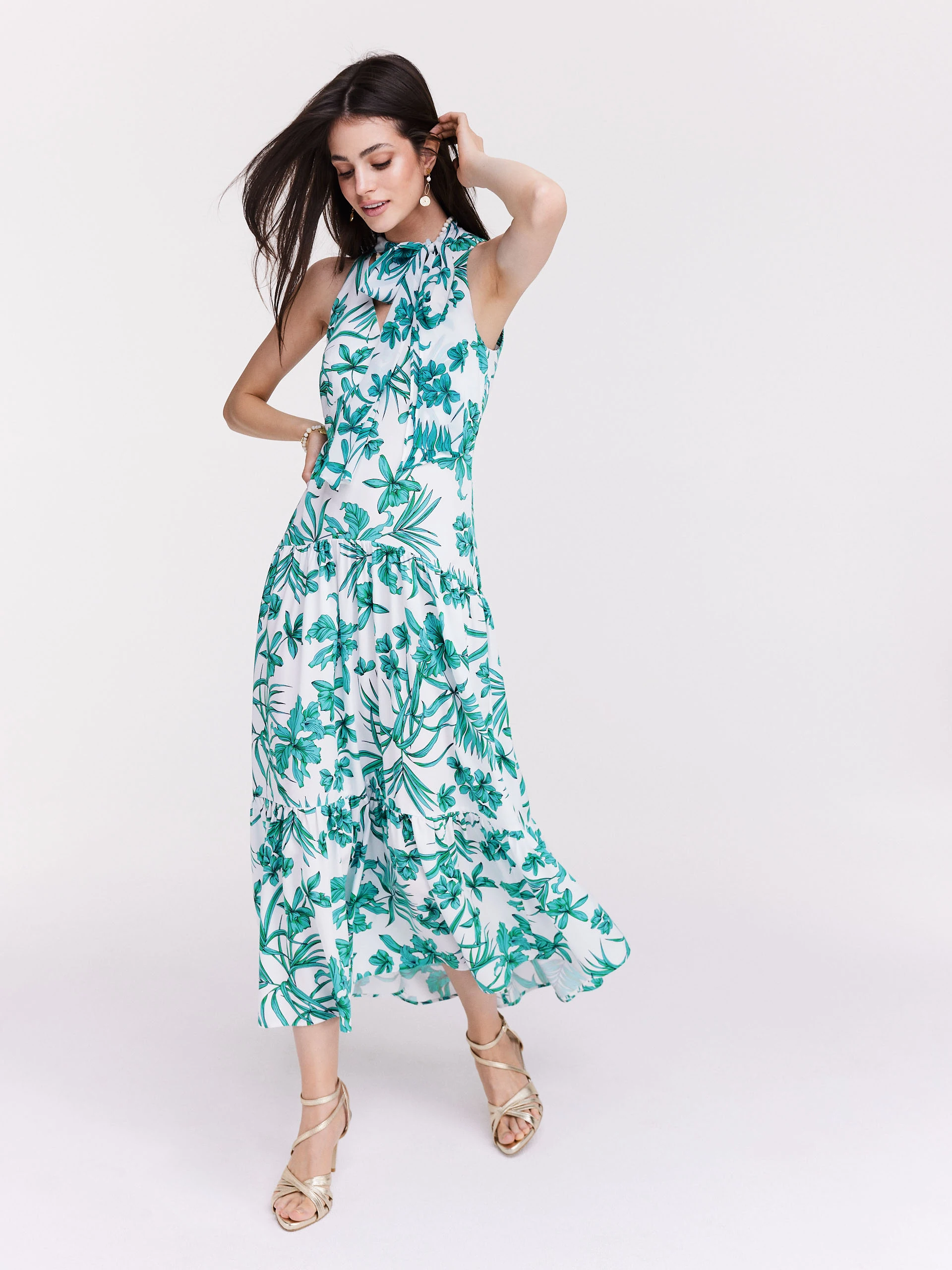 Viscose midi dress with exotic flowers