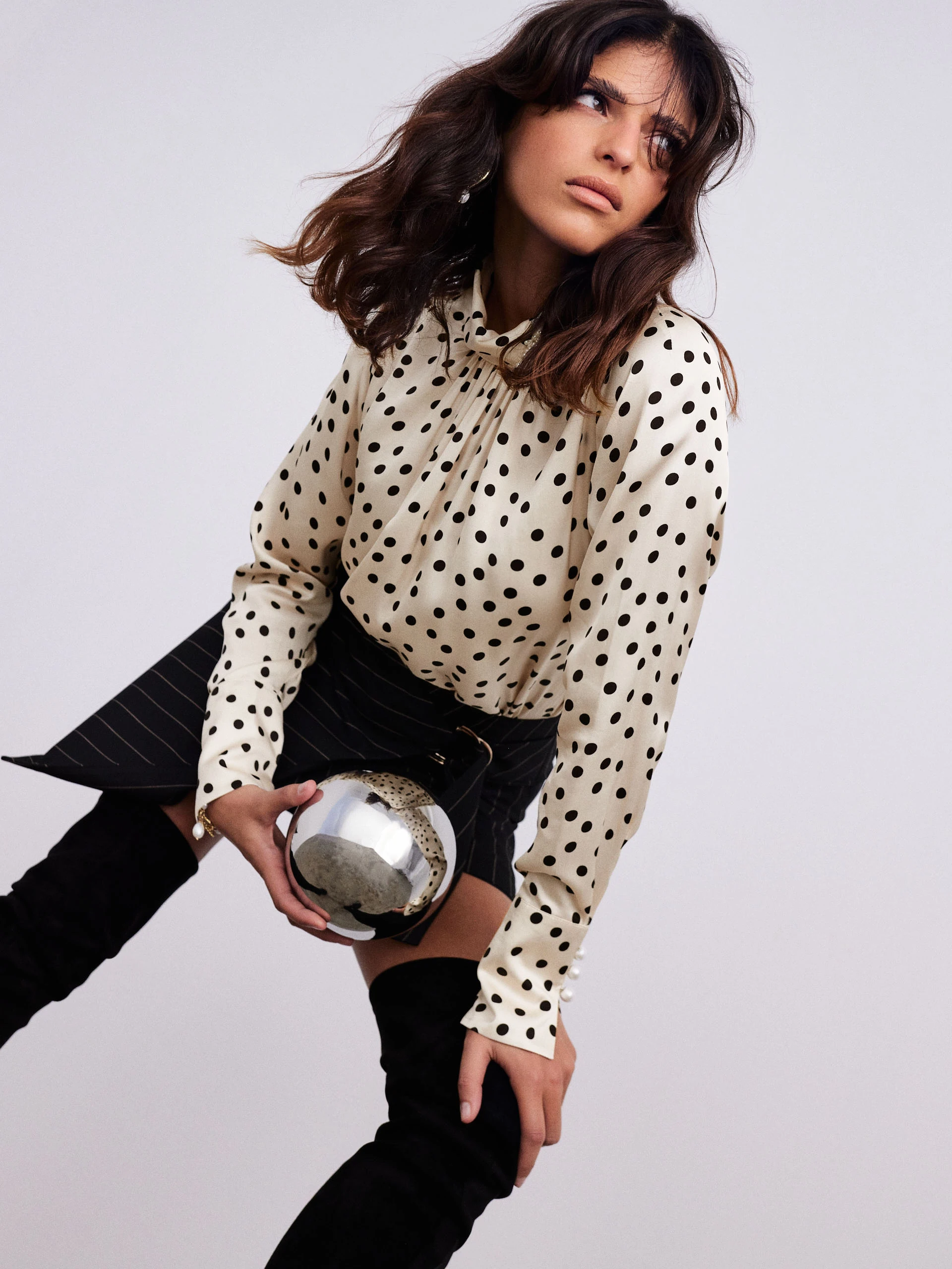 Cream pea blouse with pearl brooch
