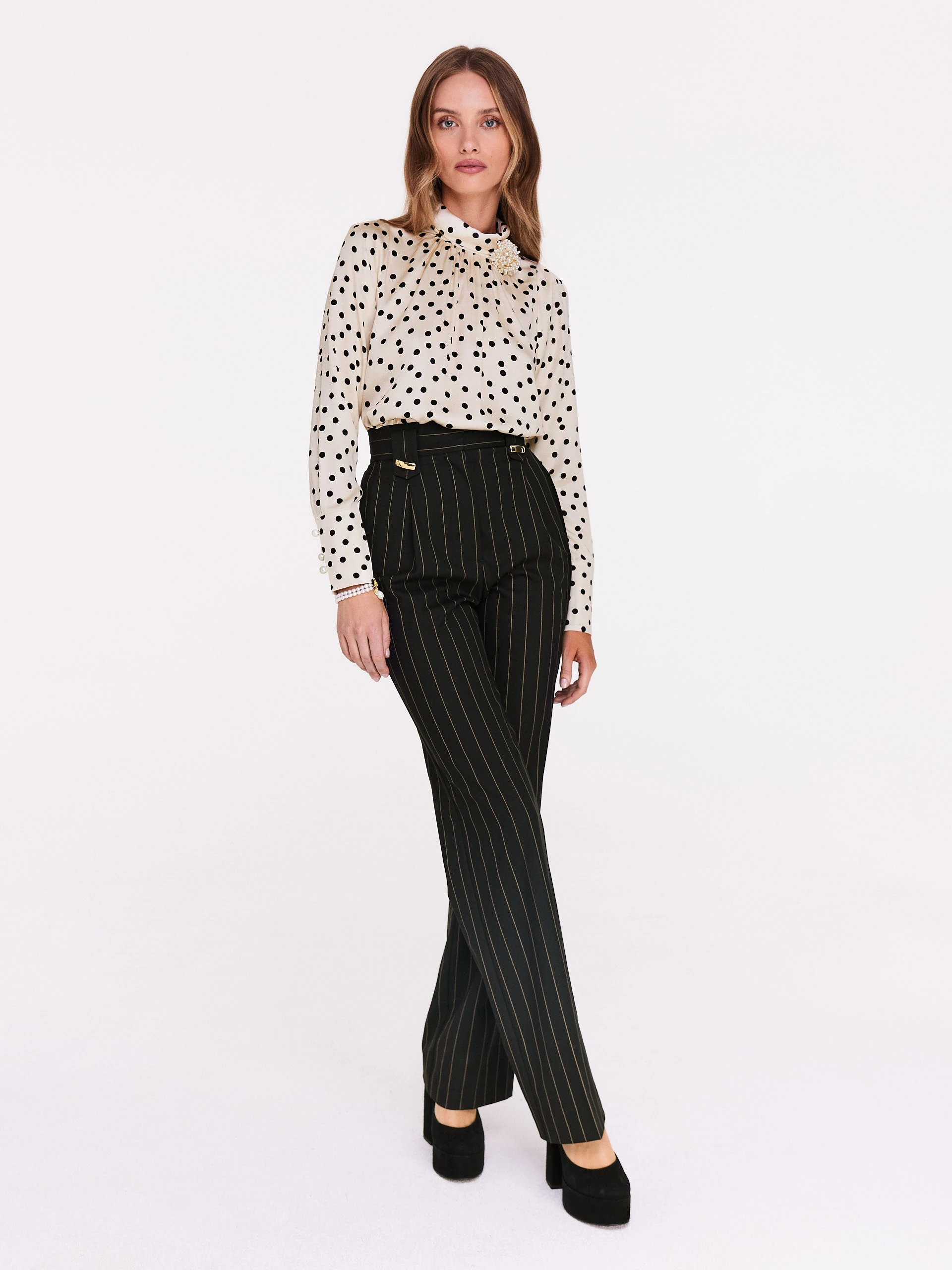 Cream pea blouse with pearl brooch
