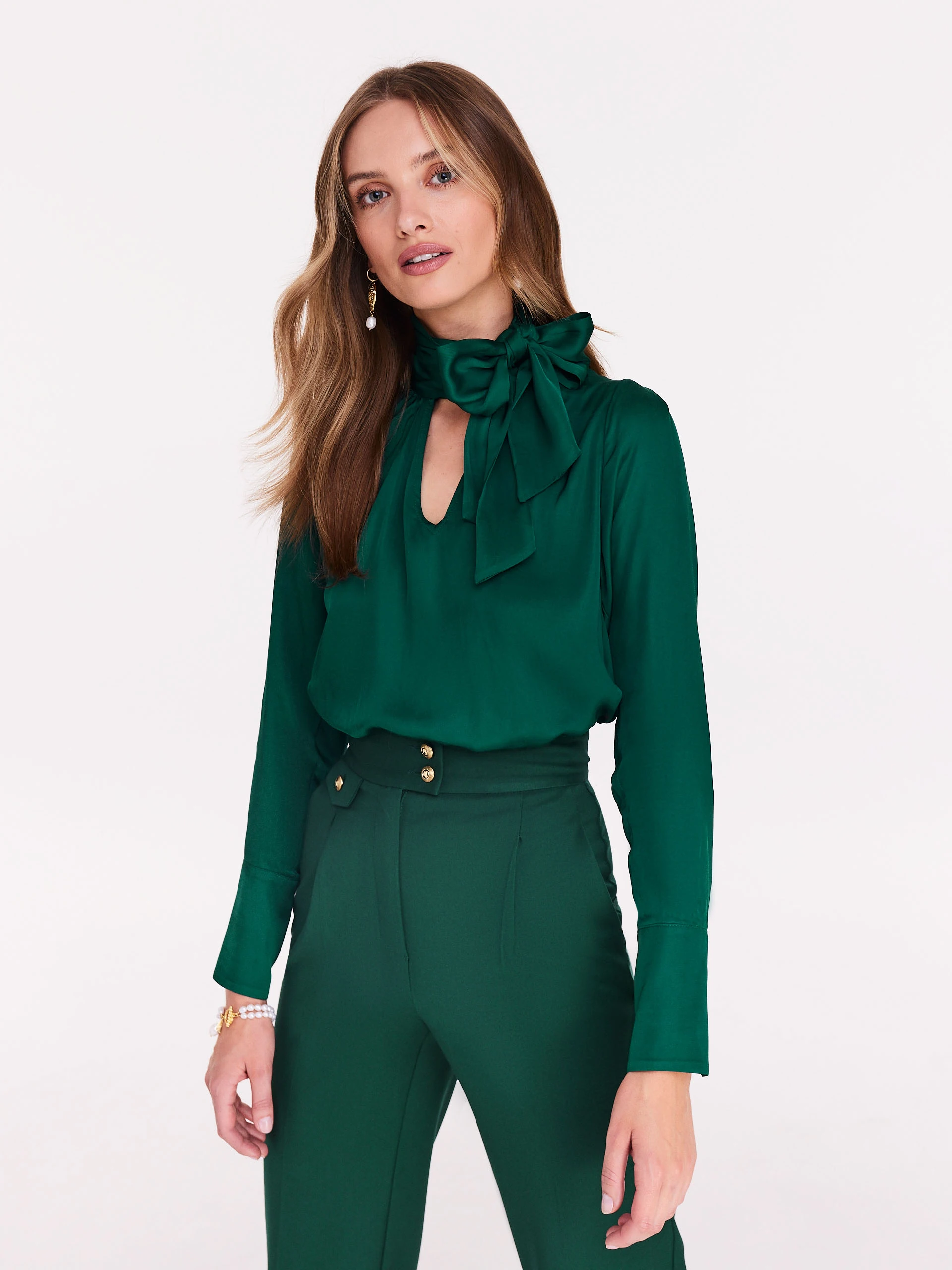 Green satin blouse with neck ties