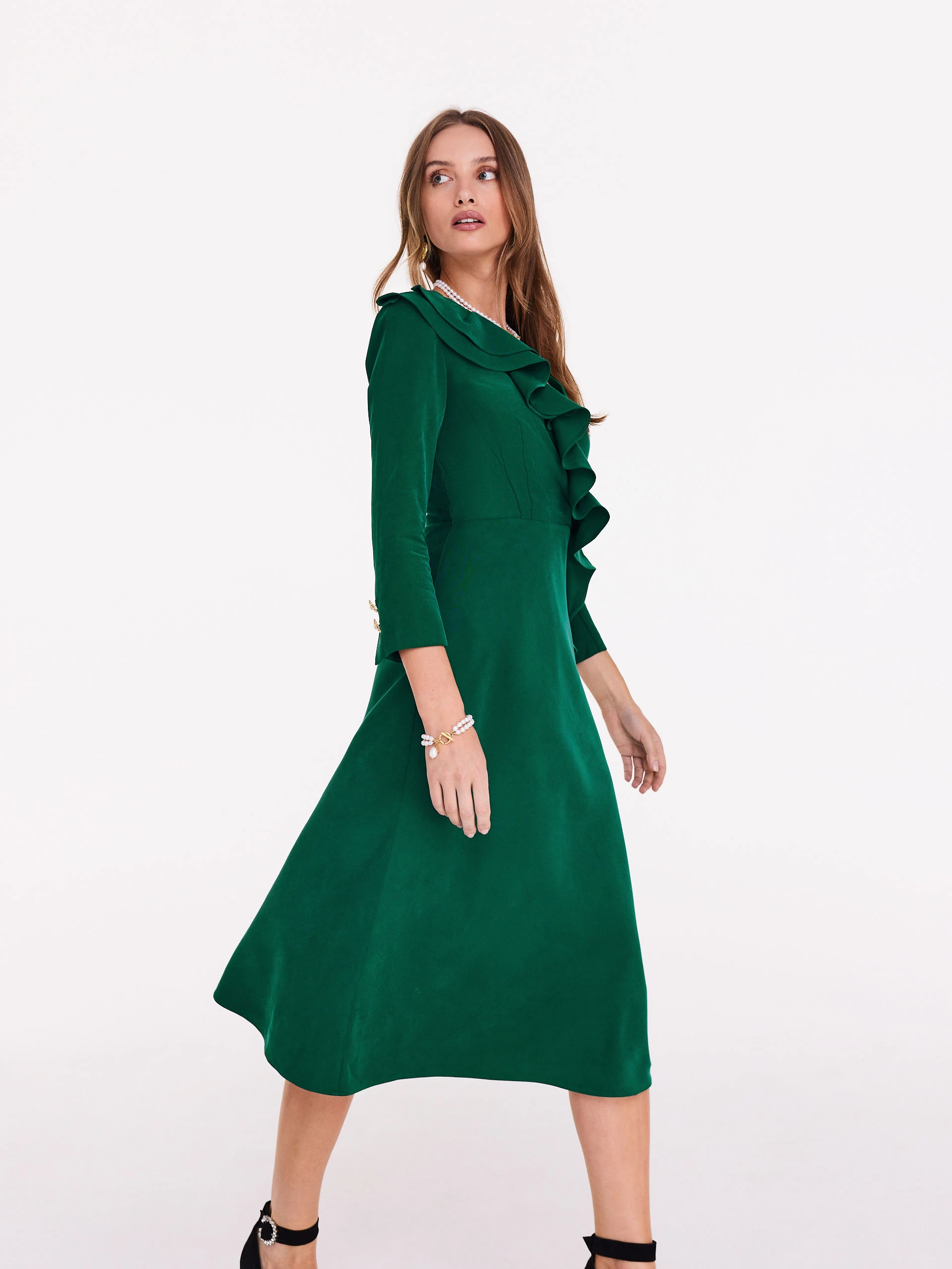 Dark green midi dress with ruffle