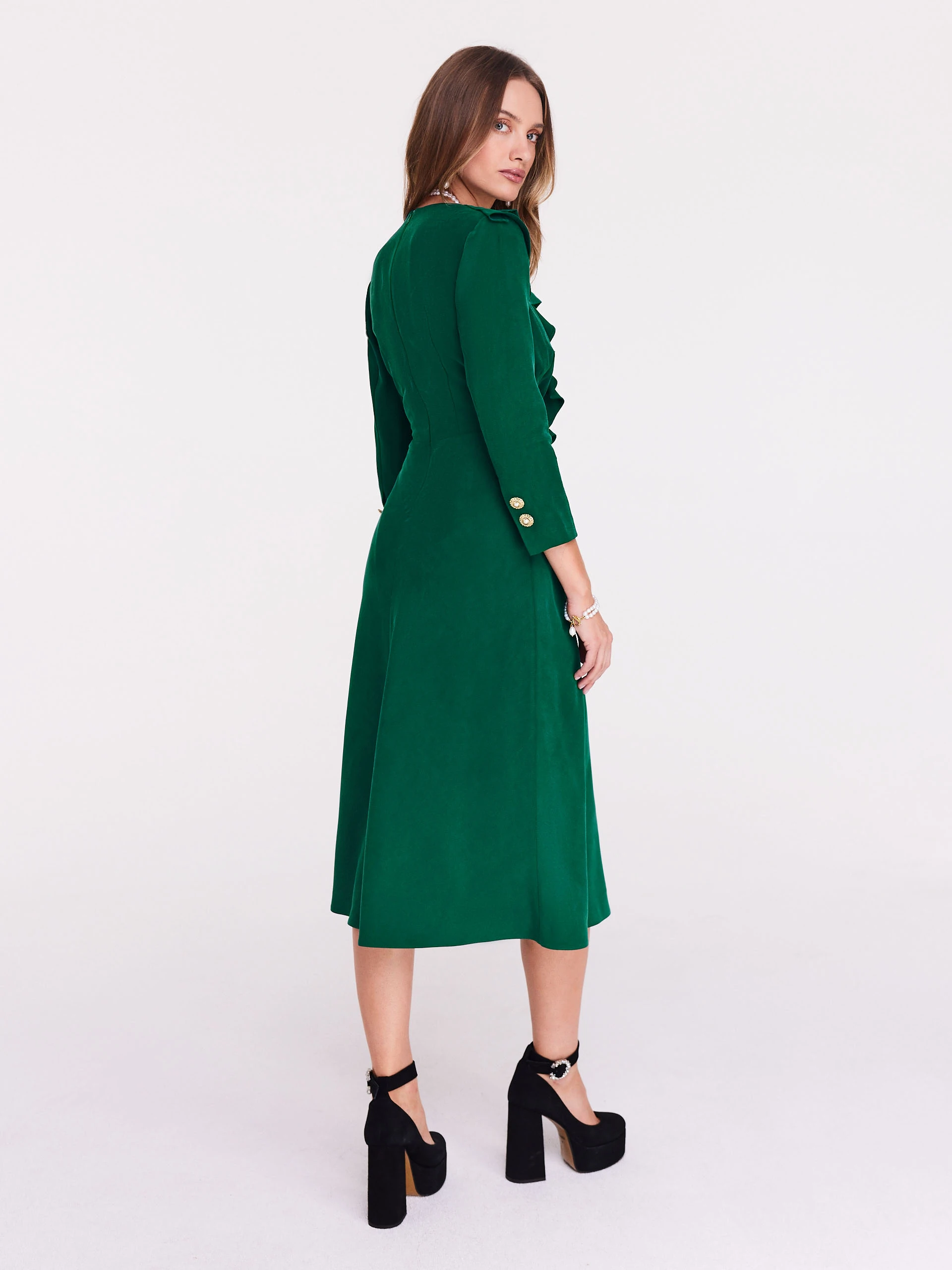 Dark green midi dress with ruffle