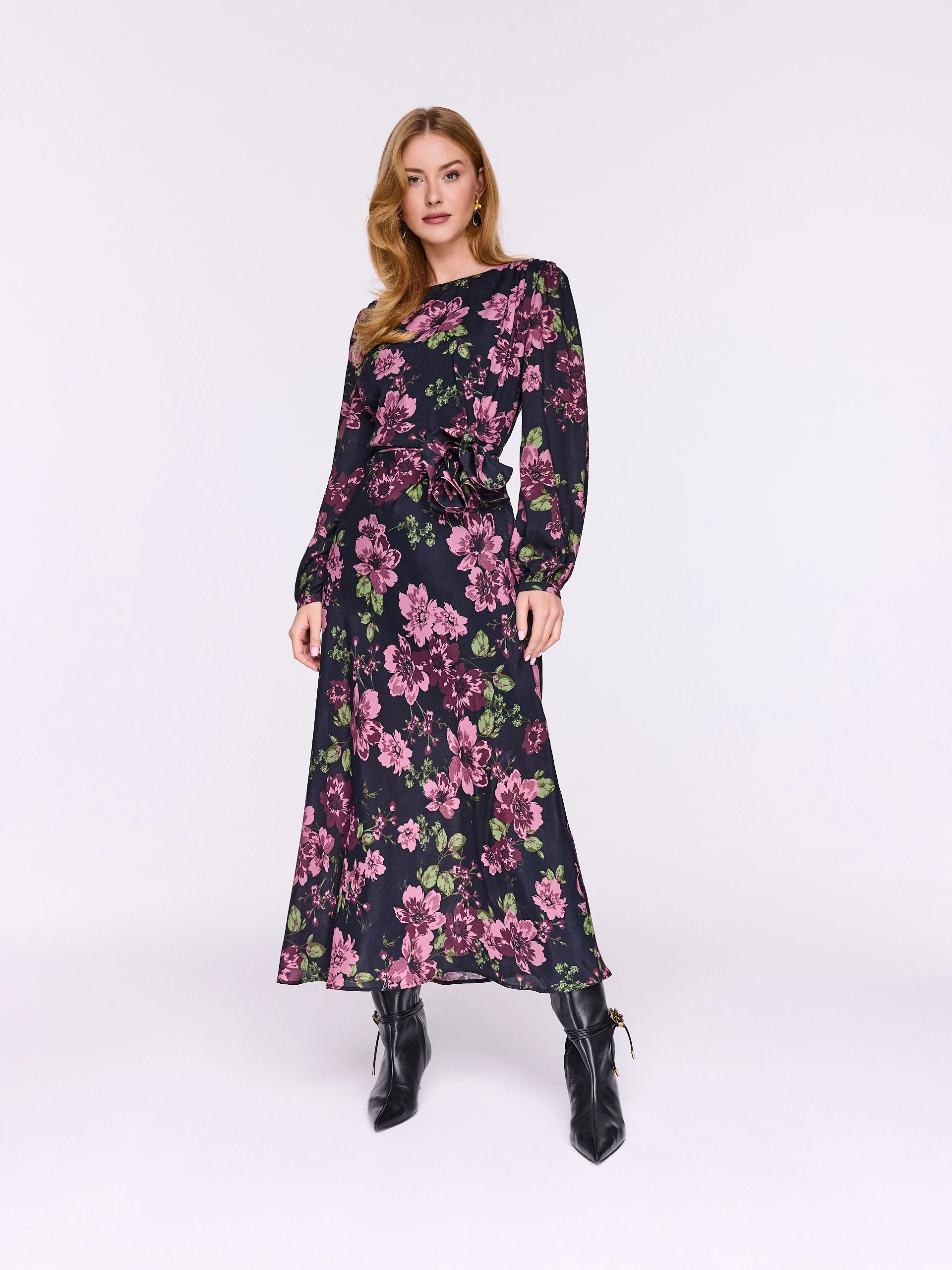 Floral maxi dress with decorative rose