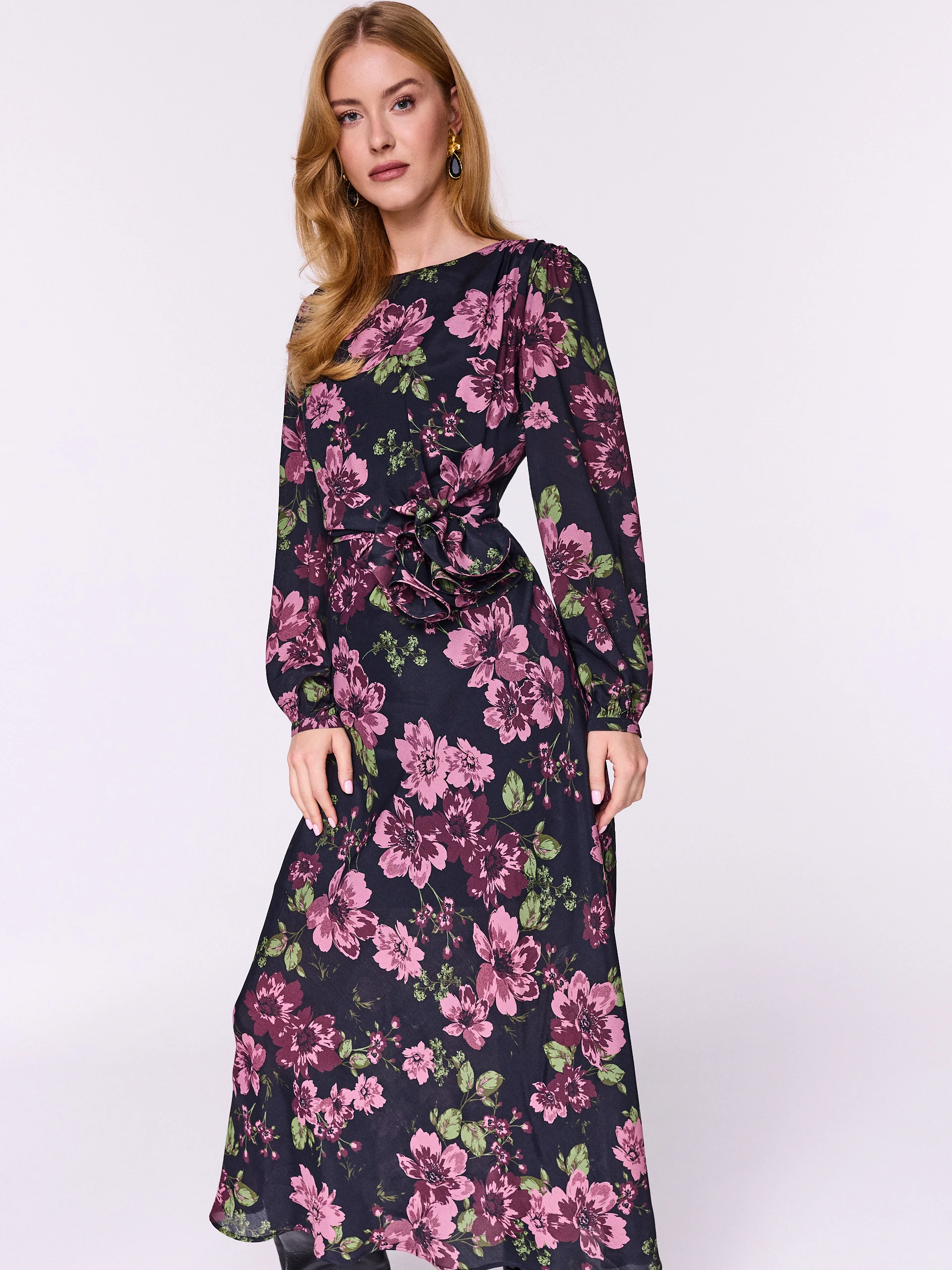 Floral maxi dress with decorative rose
