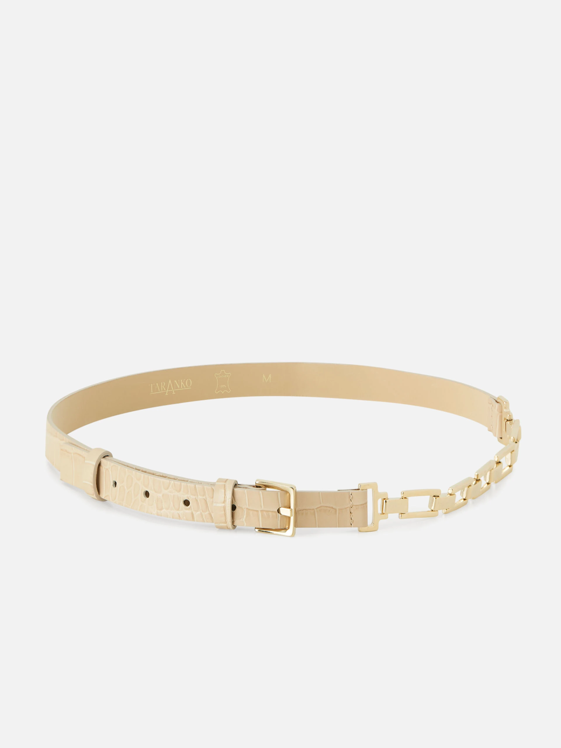 Narrow beige belt with crocodile leather texture