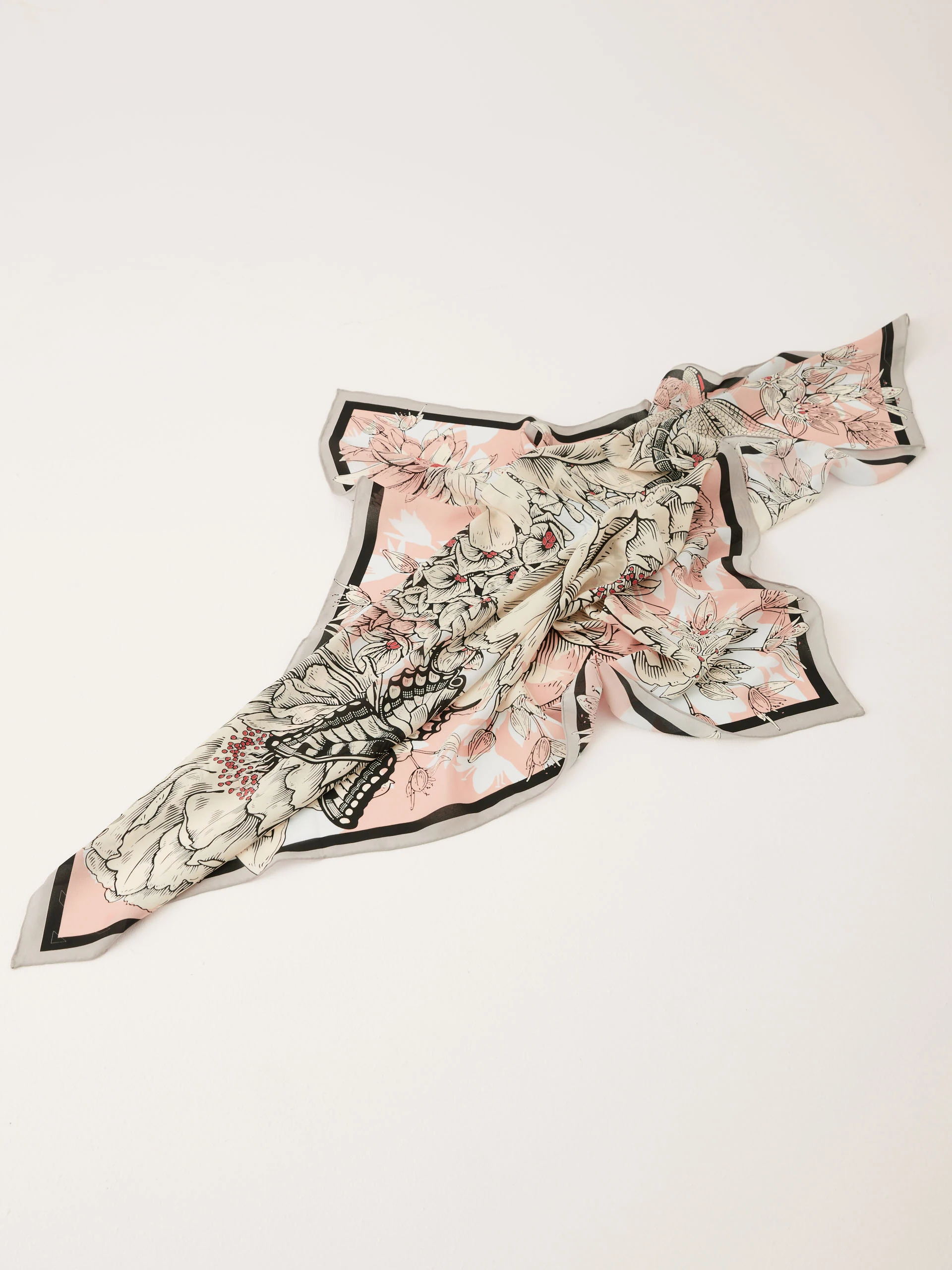 Silk large gavroche in floral and insect pattern