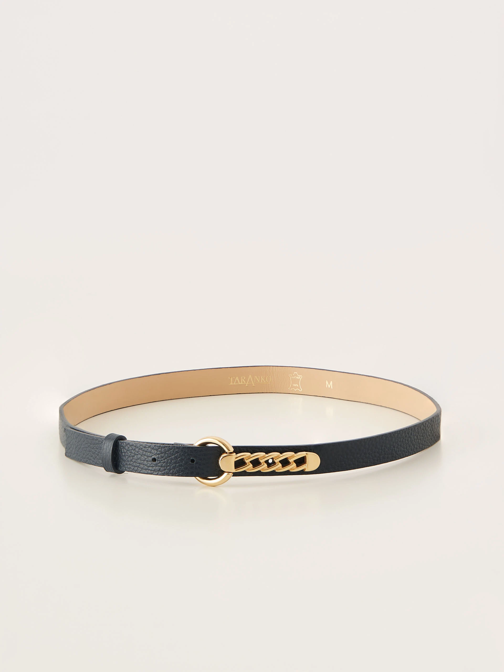 Dark blue leather belt with decorative buckle