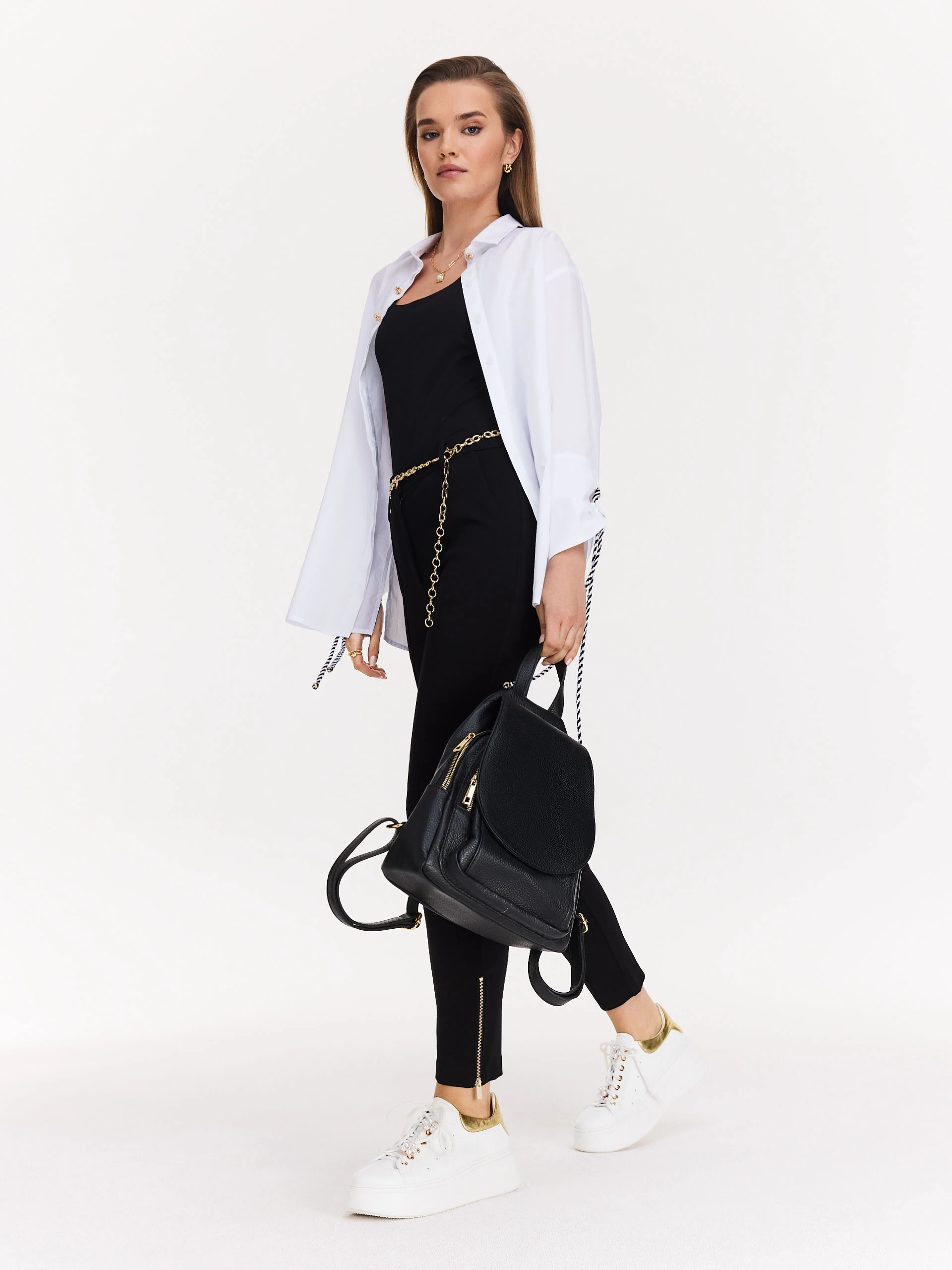 Black natural leather backpack
