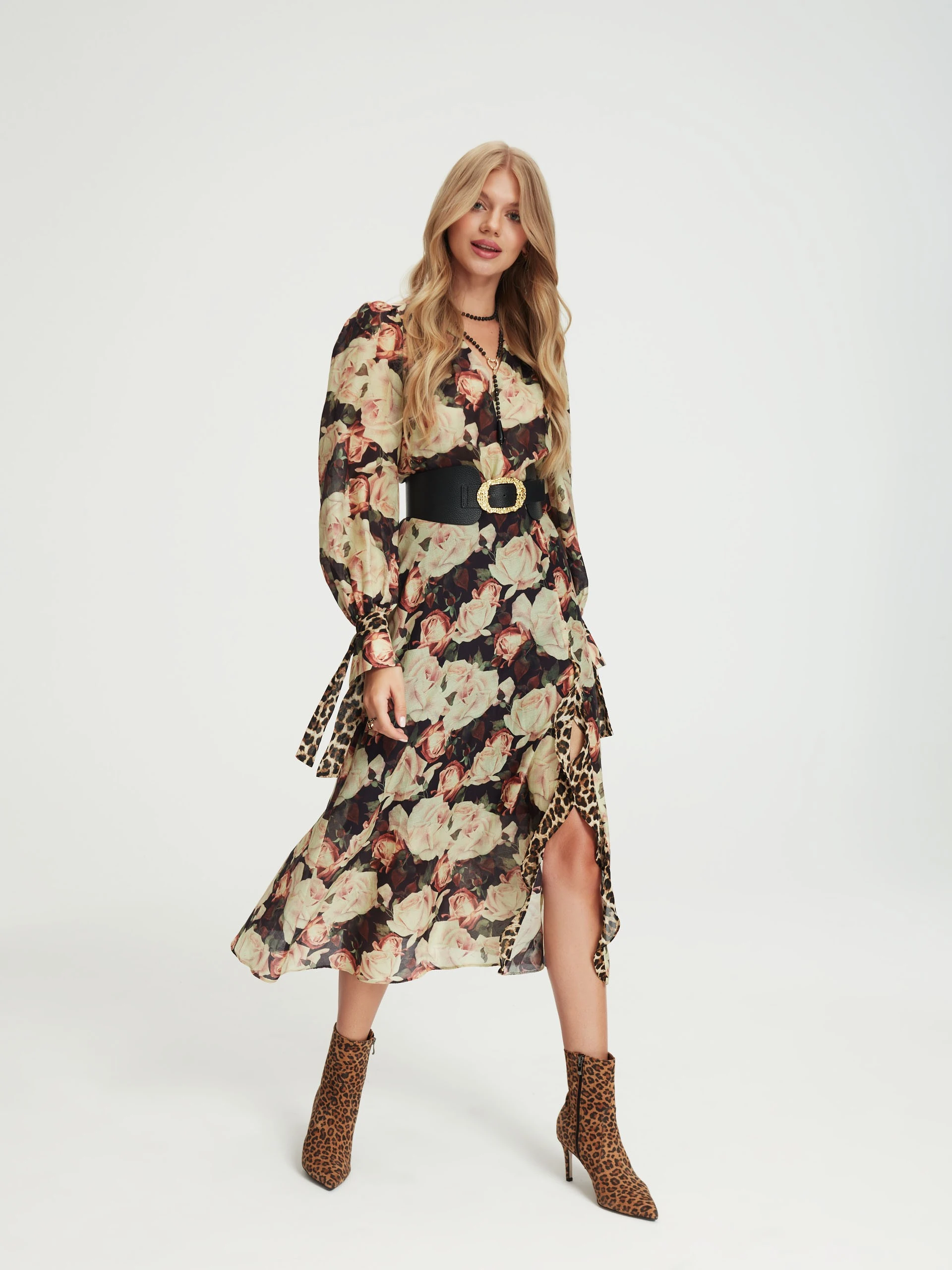 Silk dress with rose pattern