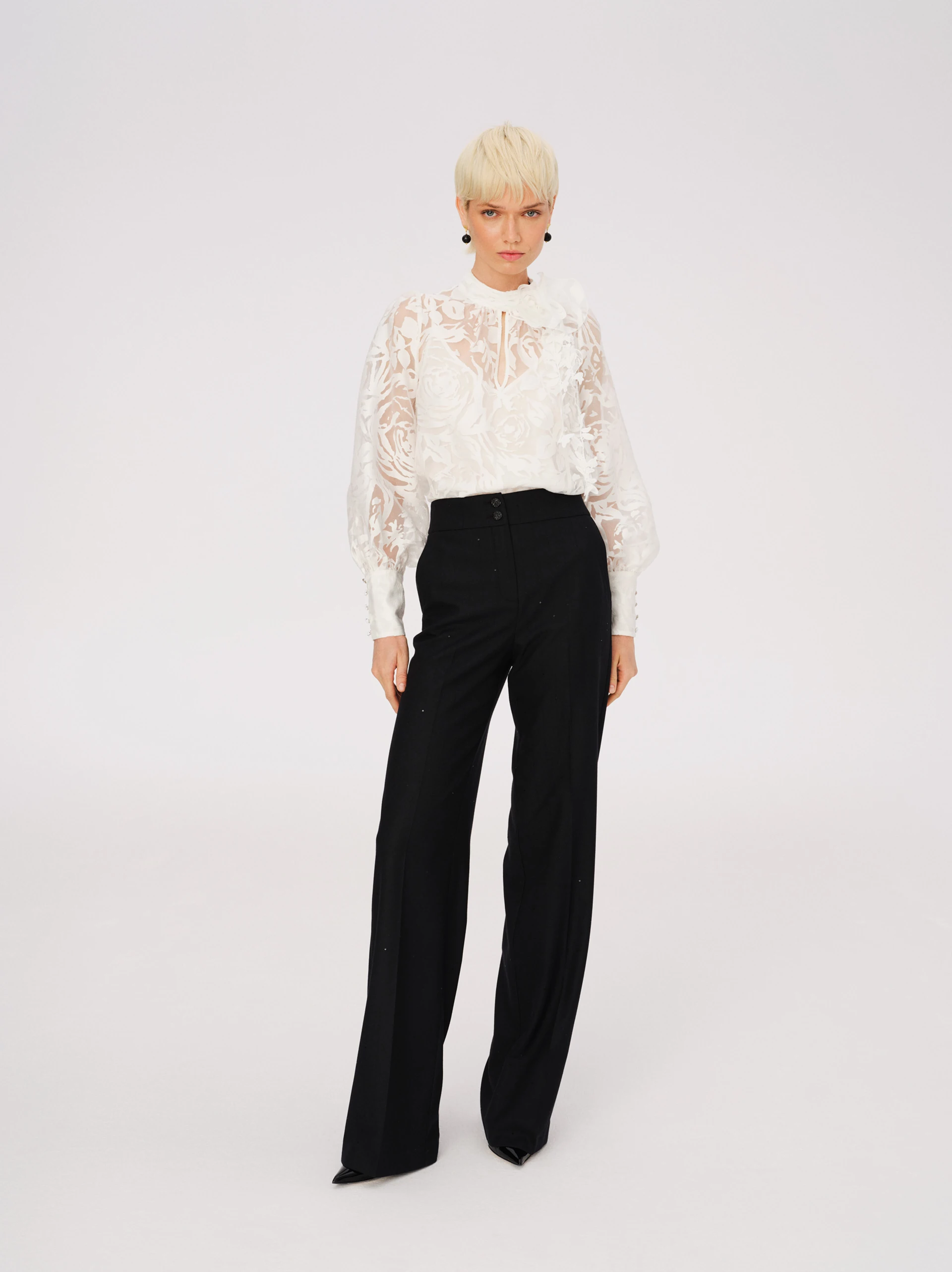 White devore fabric blouse with rose