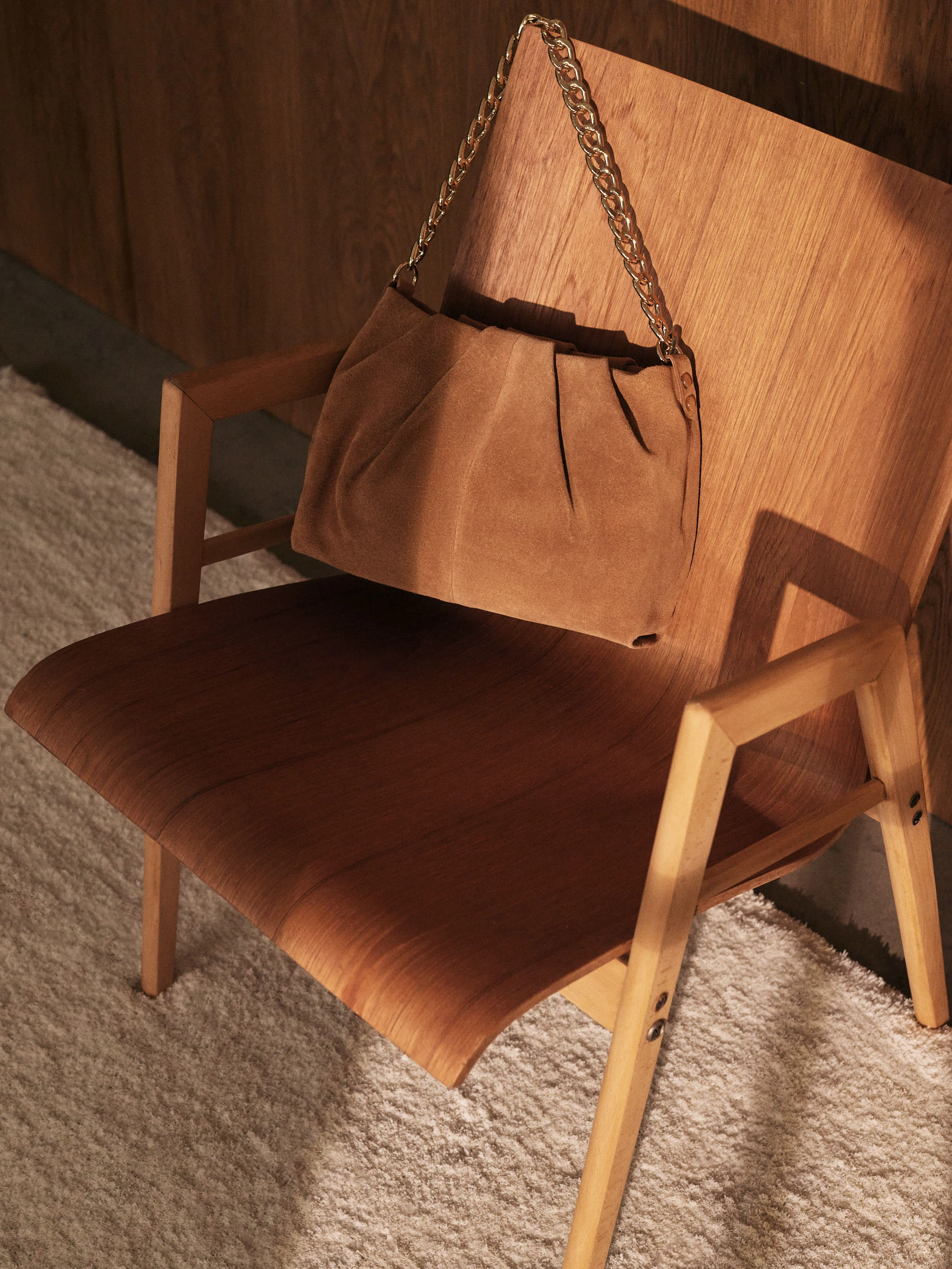 Brown suede crinkle leather handbag