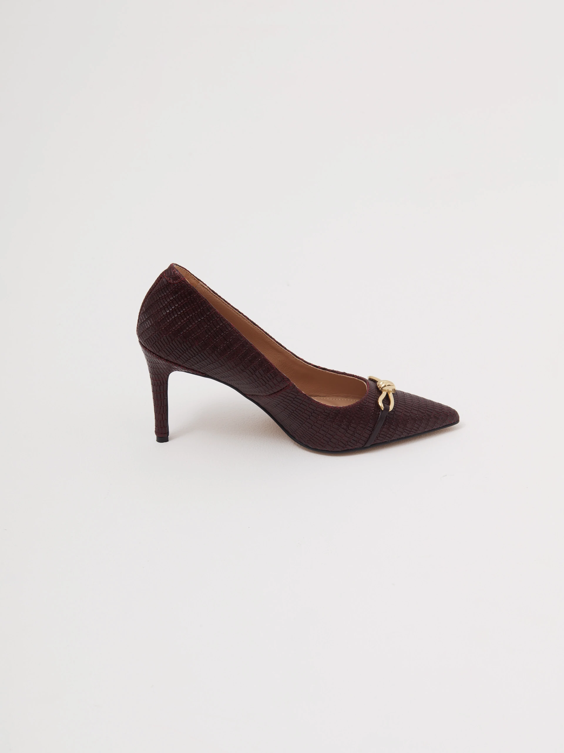 Burgundy leather pumps with decorative bows