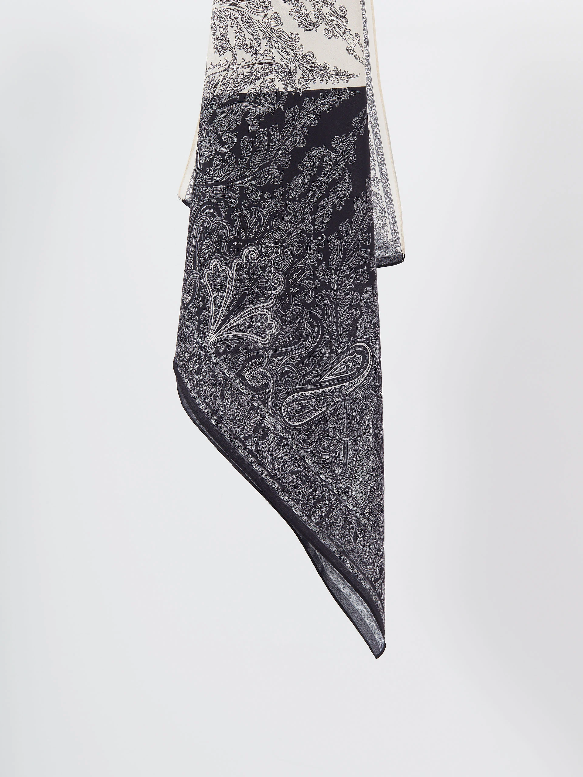 Black and white silk scarf with paisley patterns