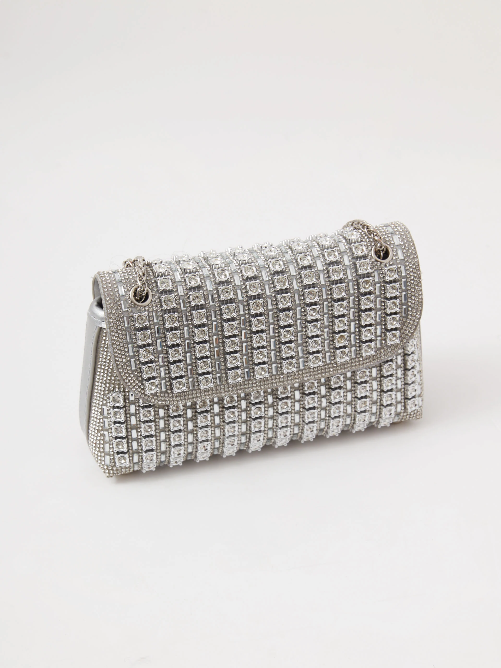 Silver leather handbag with crystals