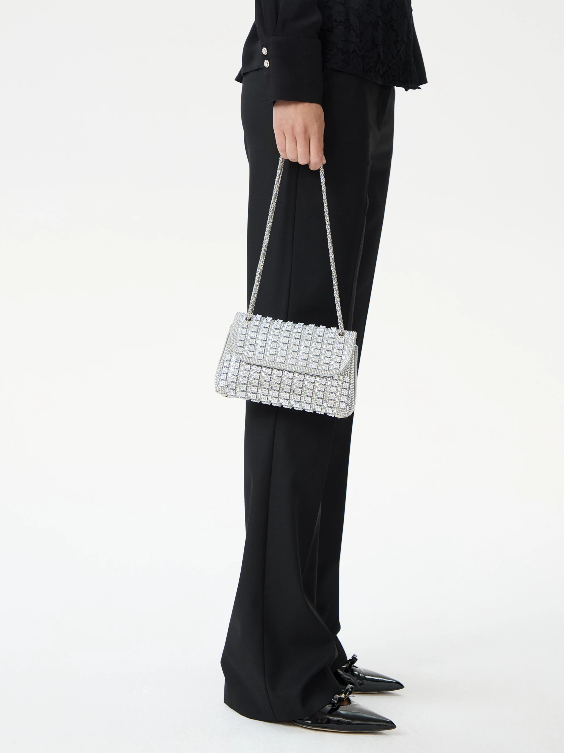 Silver leather handbag with crystals