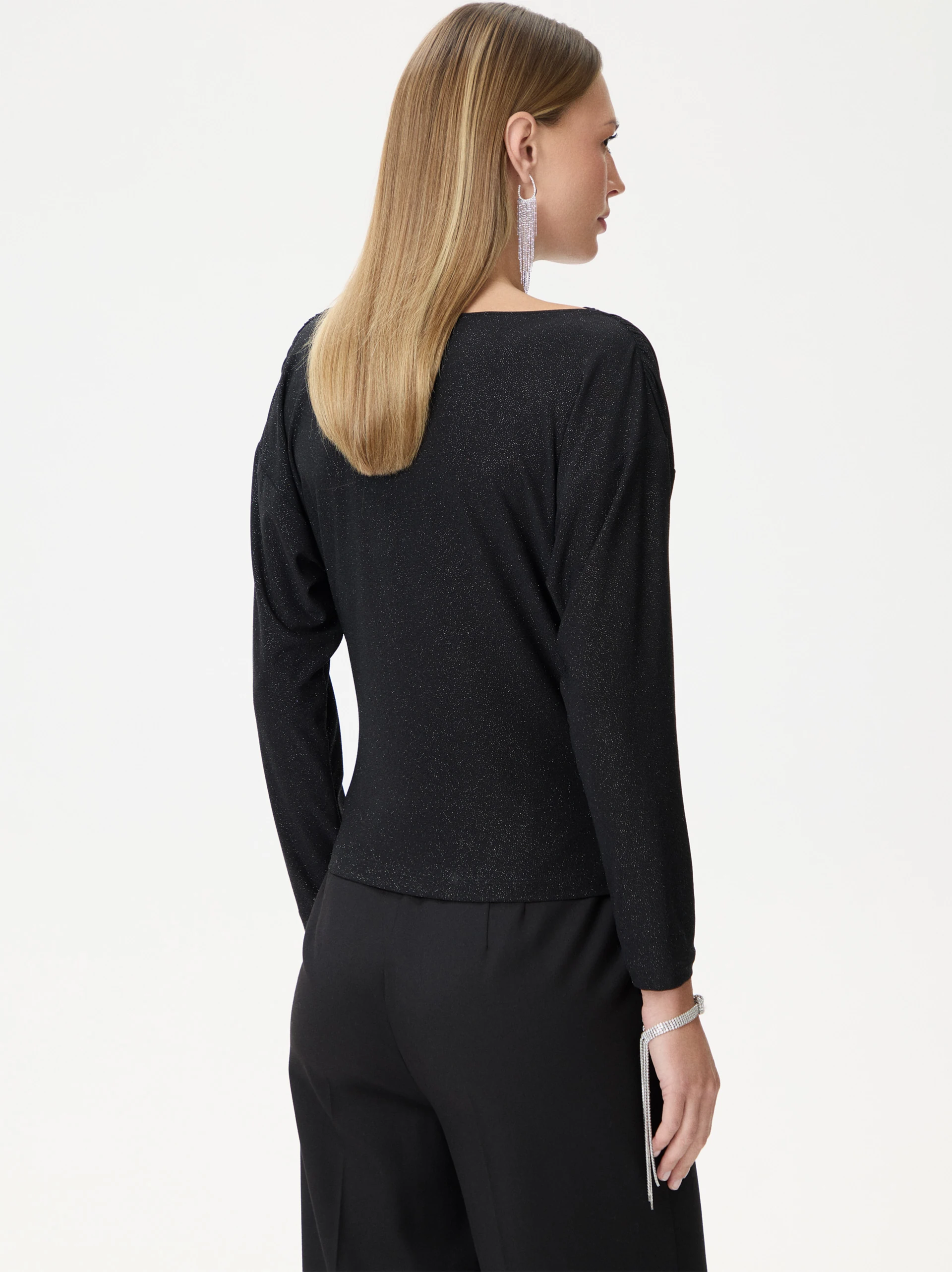 Black shiny blouse with a cowl neckline