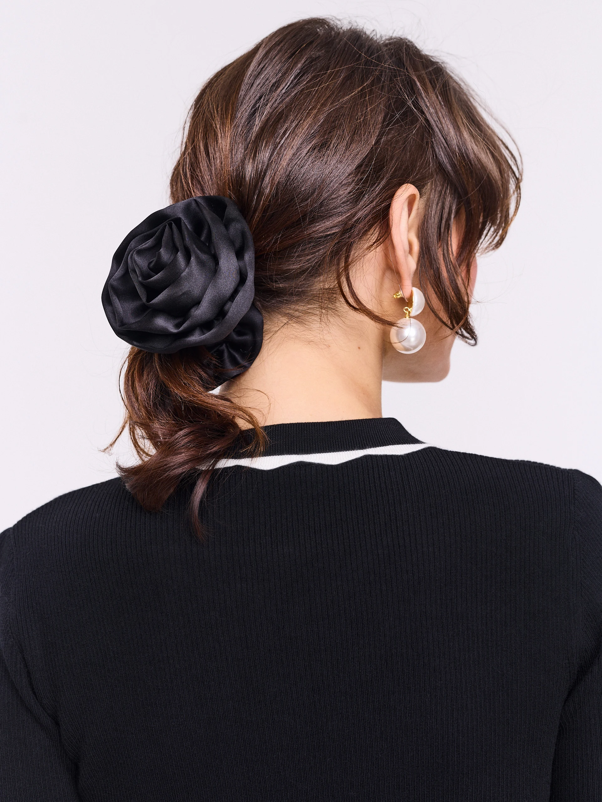 Black silk hair tie with flowers
