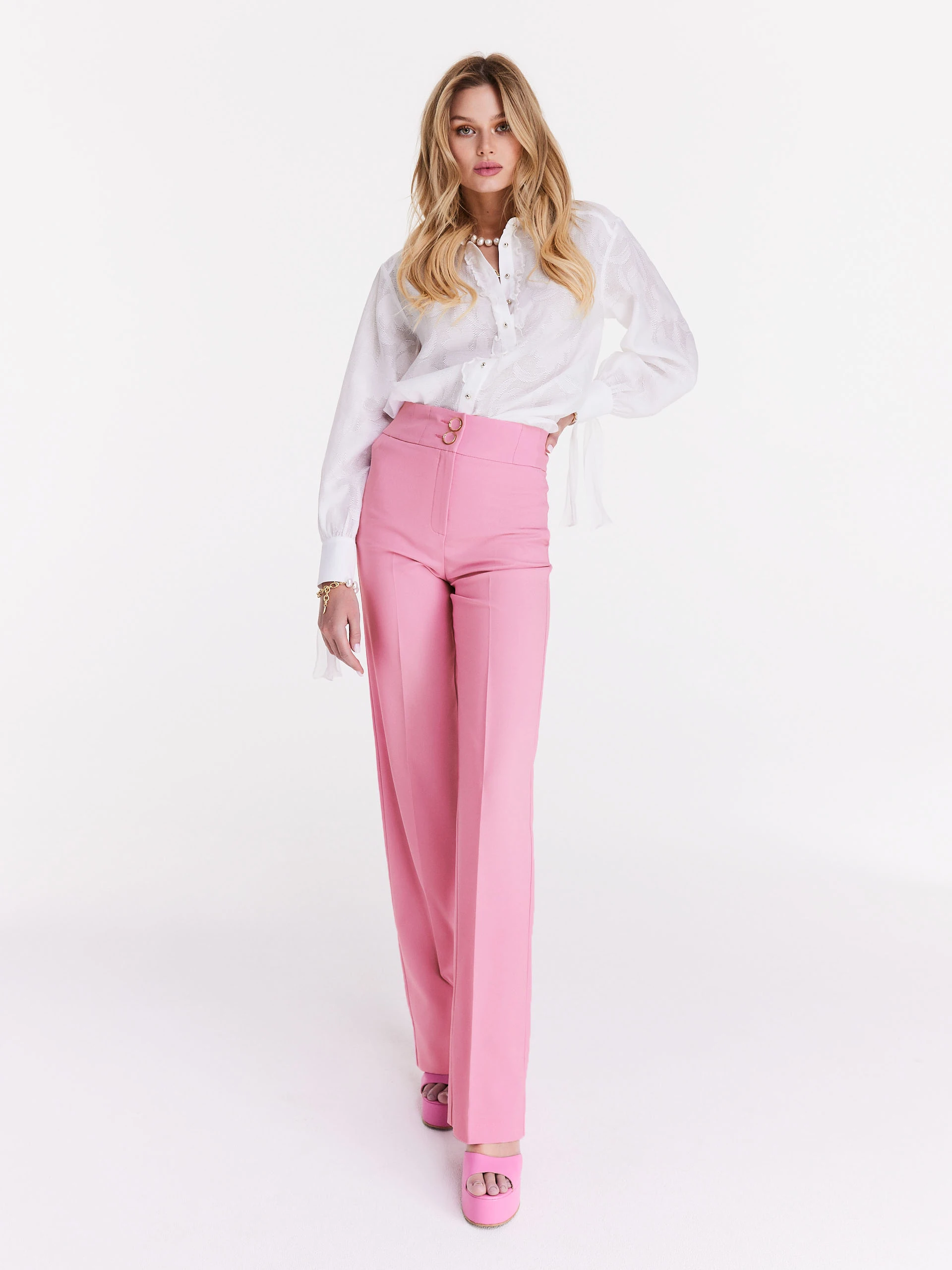 Pink high-waisted suit pants