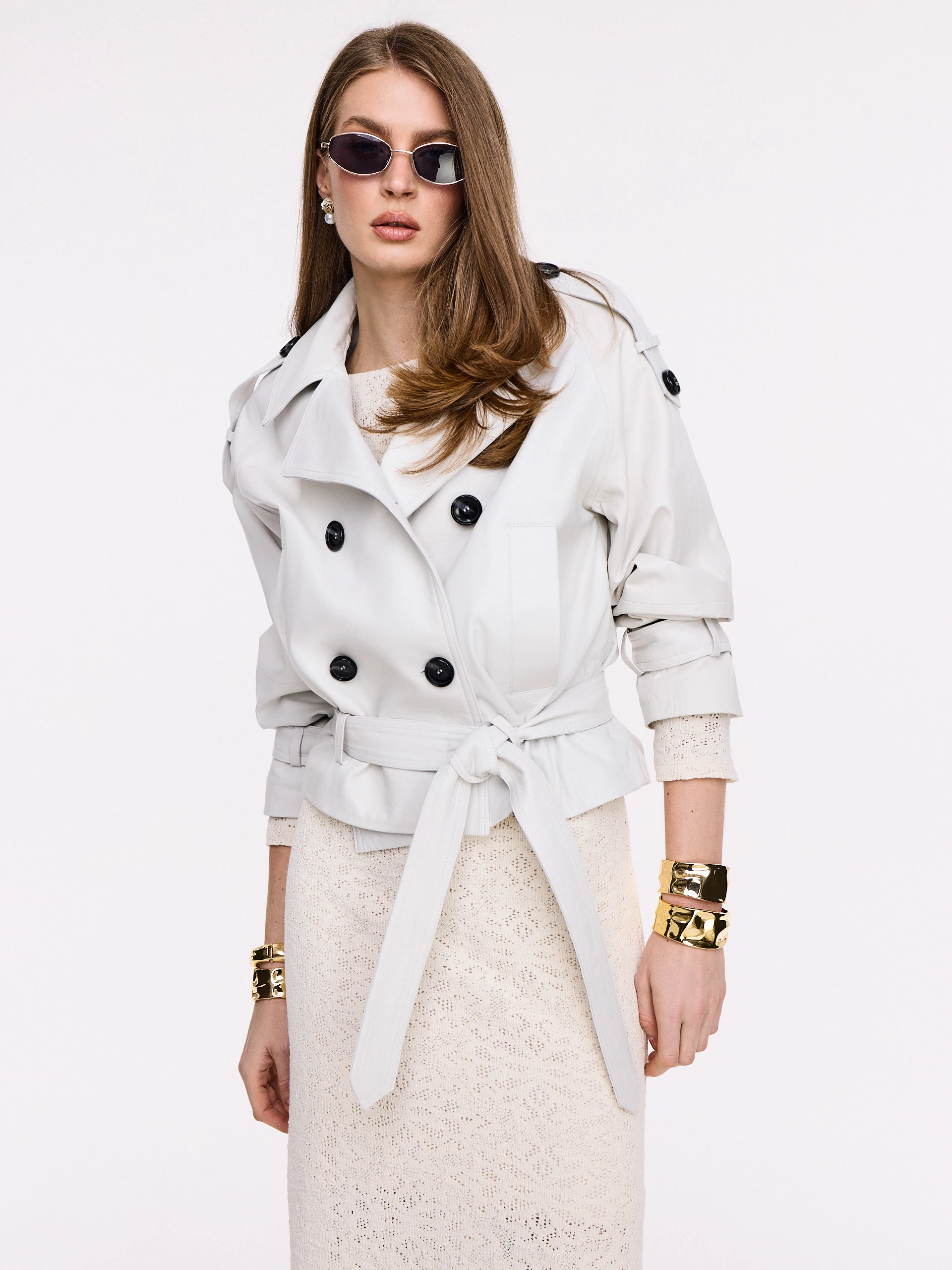 Cream double-breasted leather jacket