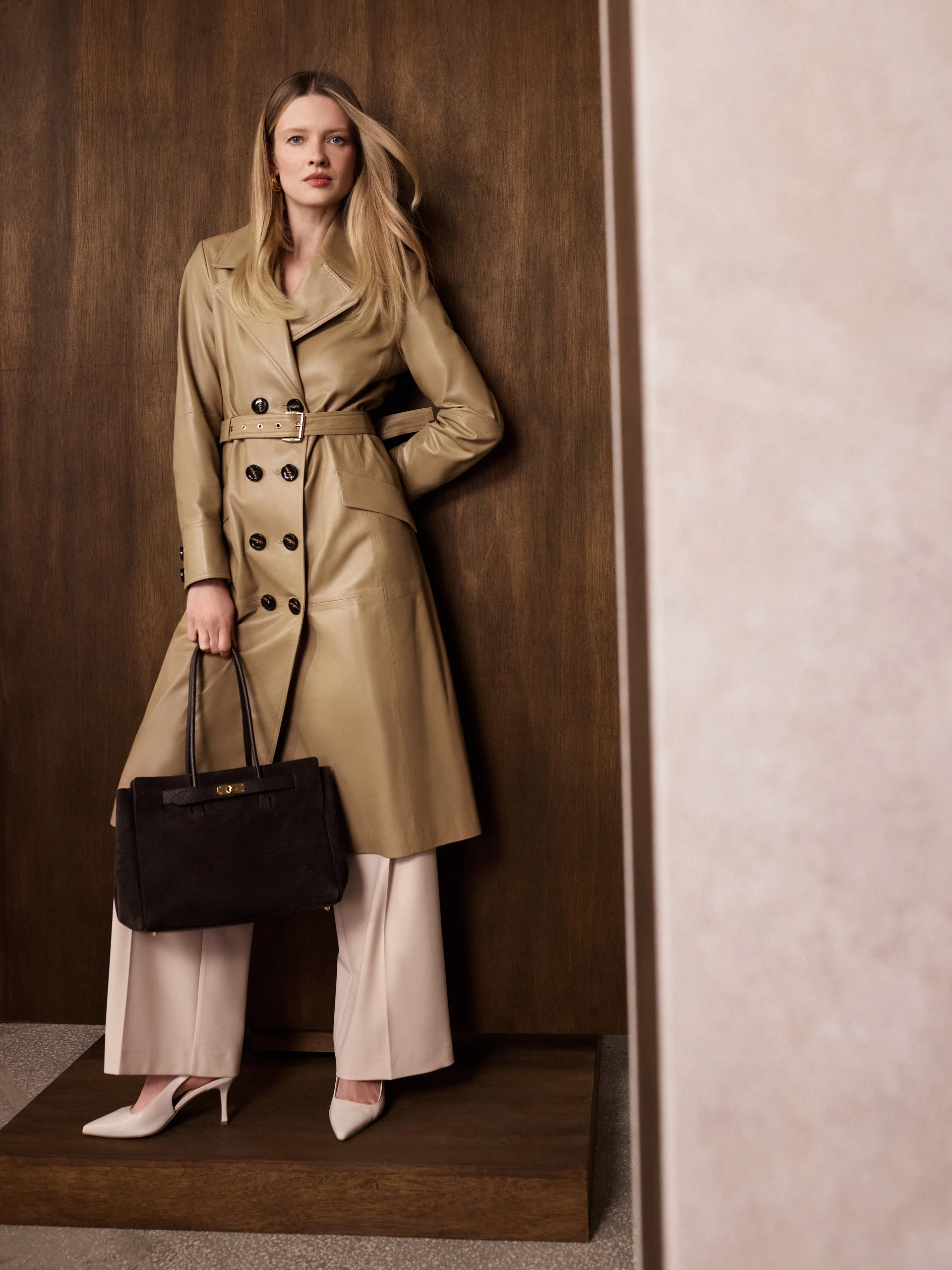 Brown leather double-breasted coat